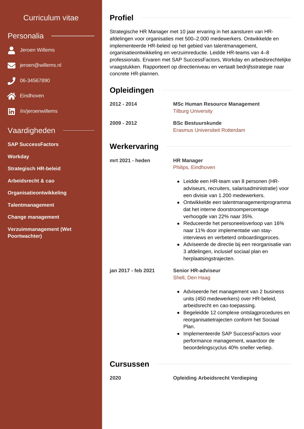 Voorbeeld CV voor hr manager in template Modern. CV Modern voor hr manager