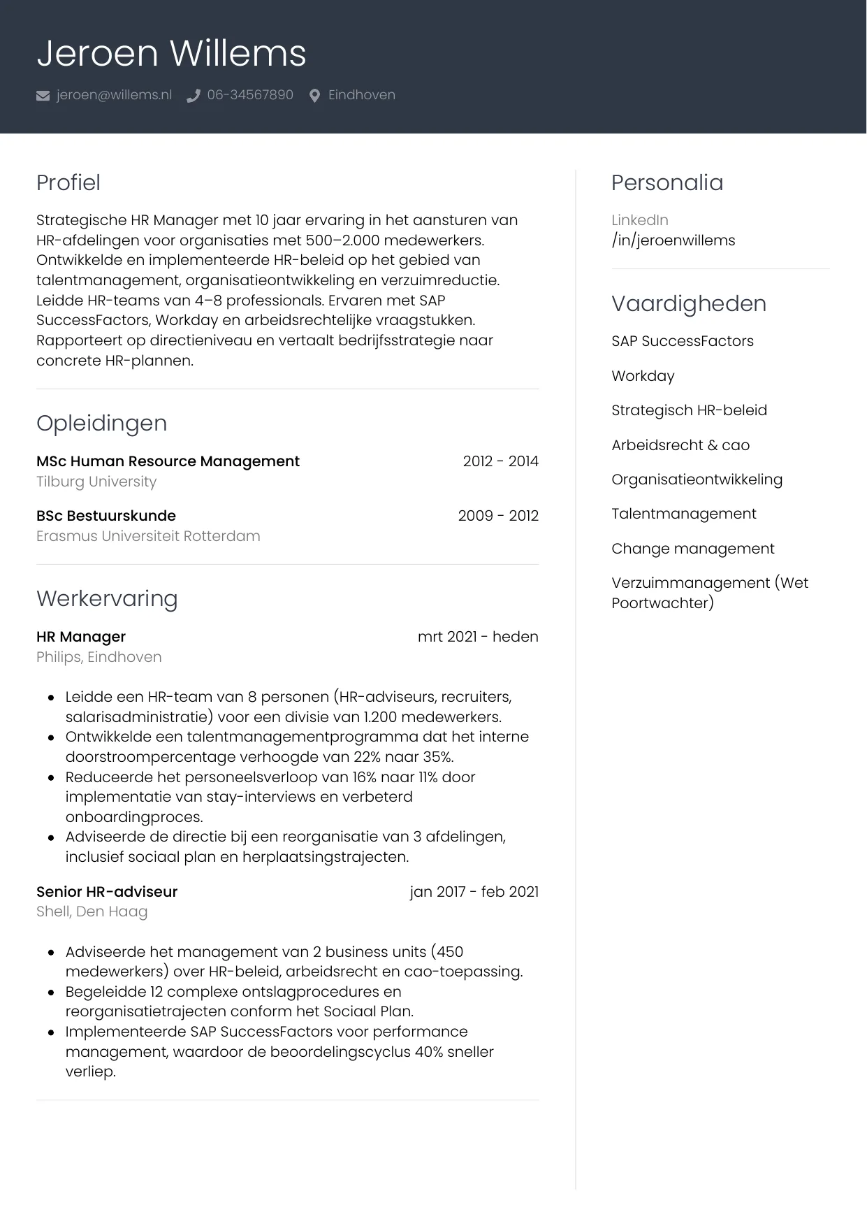Voorbeeld CV voor hr manager in template Professioneel. CV Professioneel voor hr manager