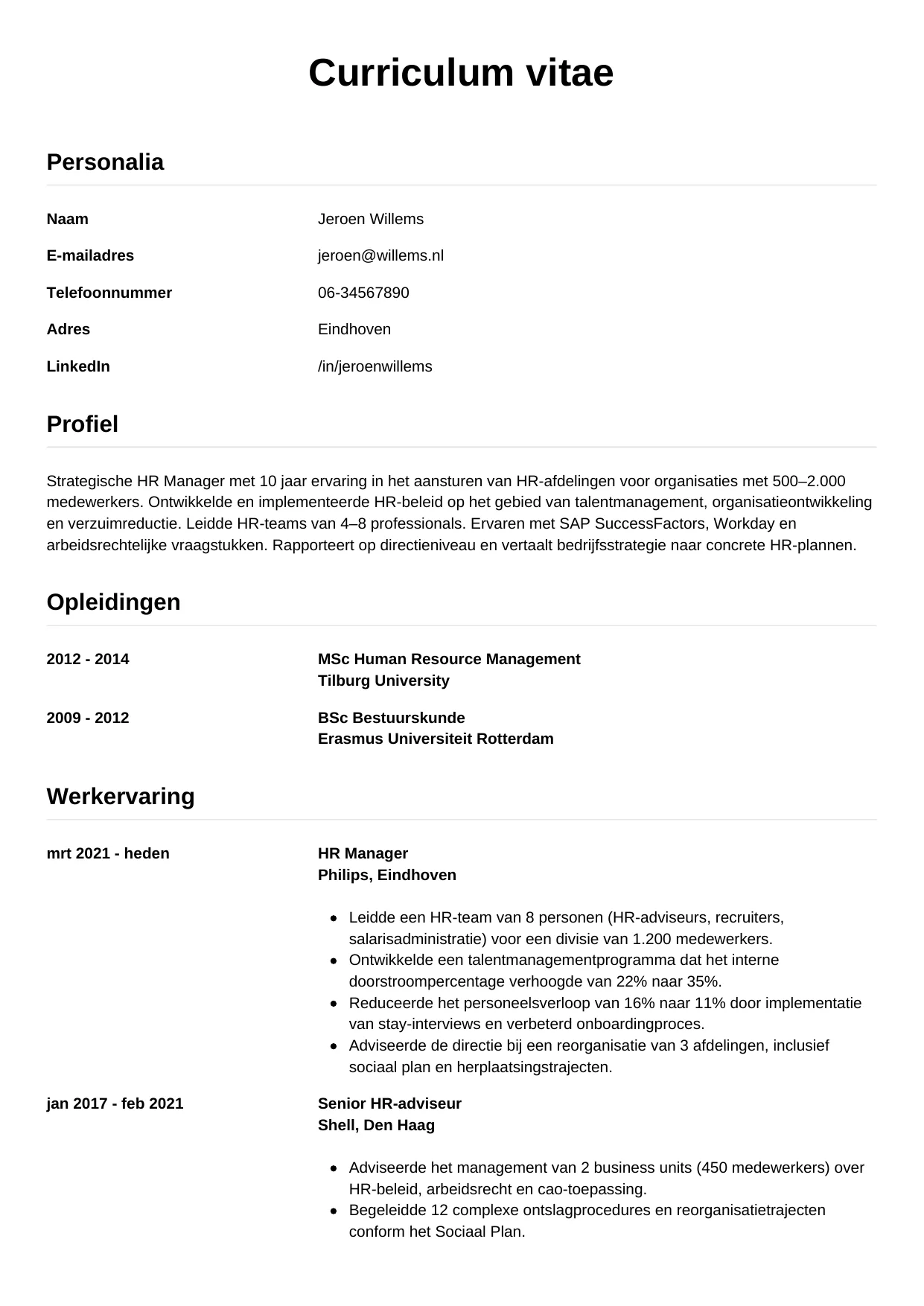 Voorbeeld CV voor hr manager in template Simpel. CV Simpel voor hr manager