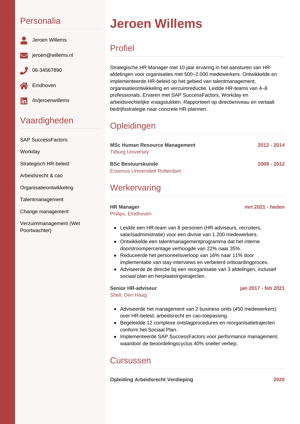 Voorbeeld CV voor hr manager in template Verticaal. CV Verticaal voor hr manager