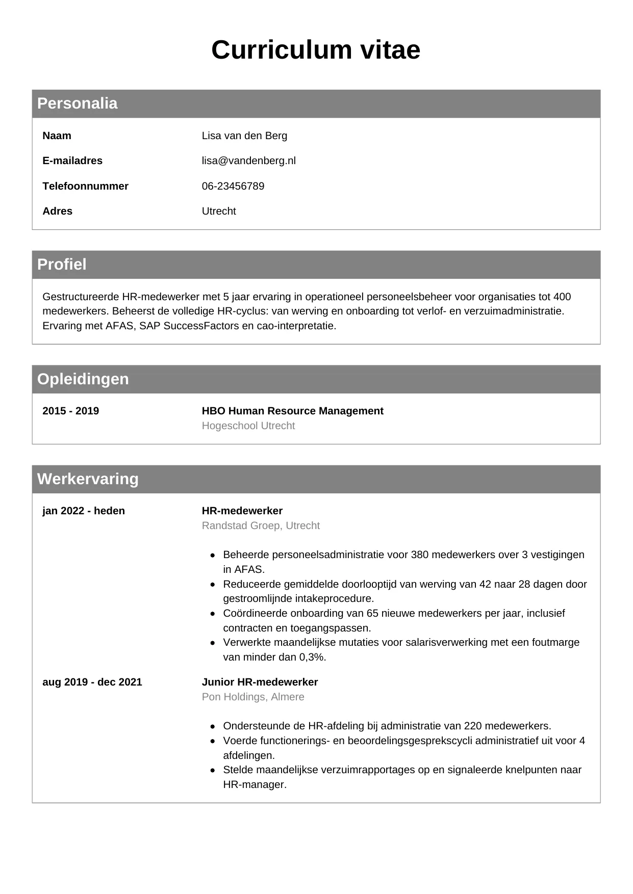 CV Klassiek voor hr-medewerker