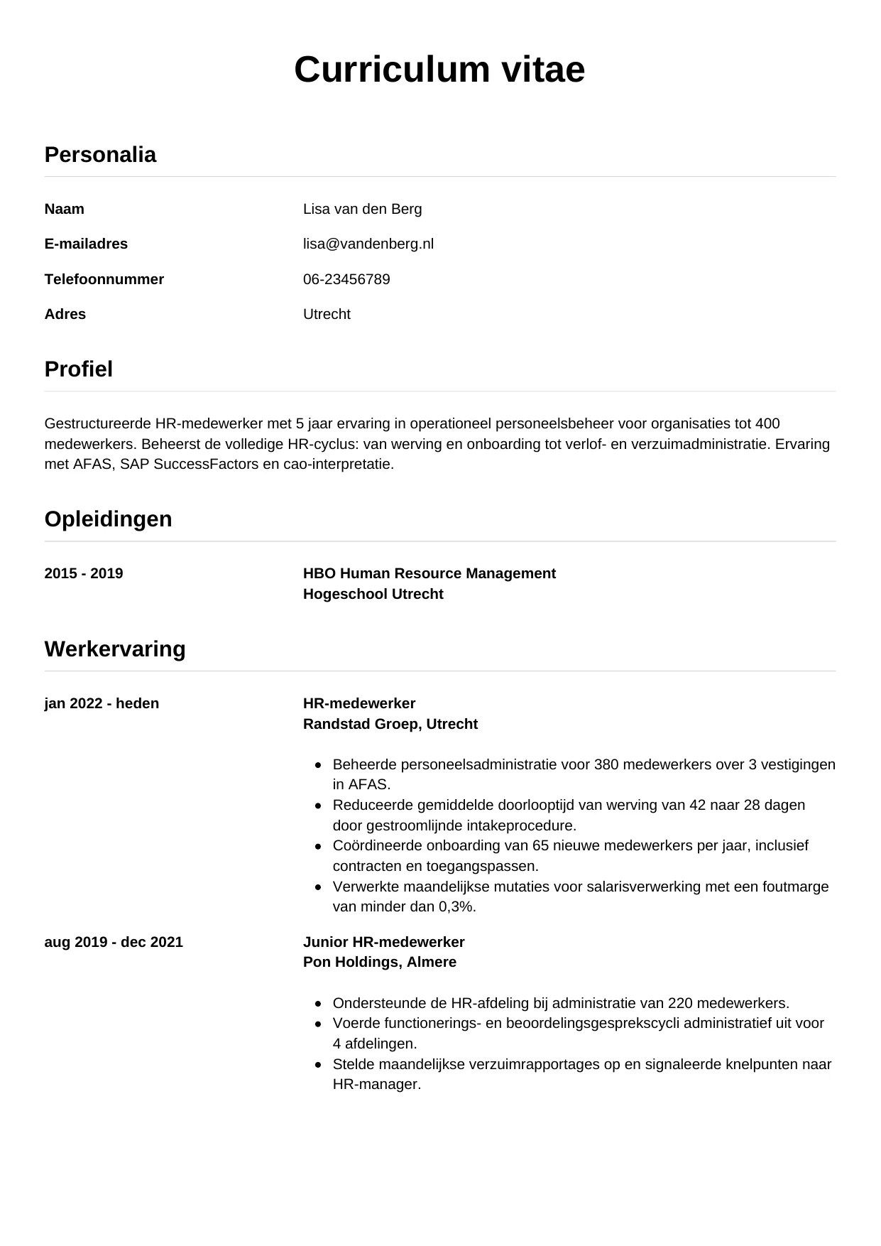 CV Simpel voor hr-medewerker