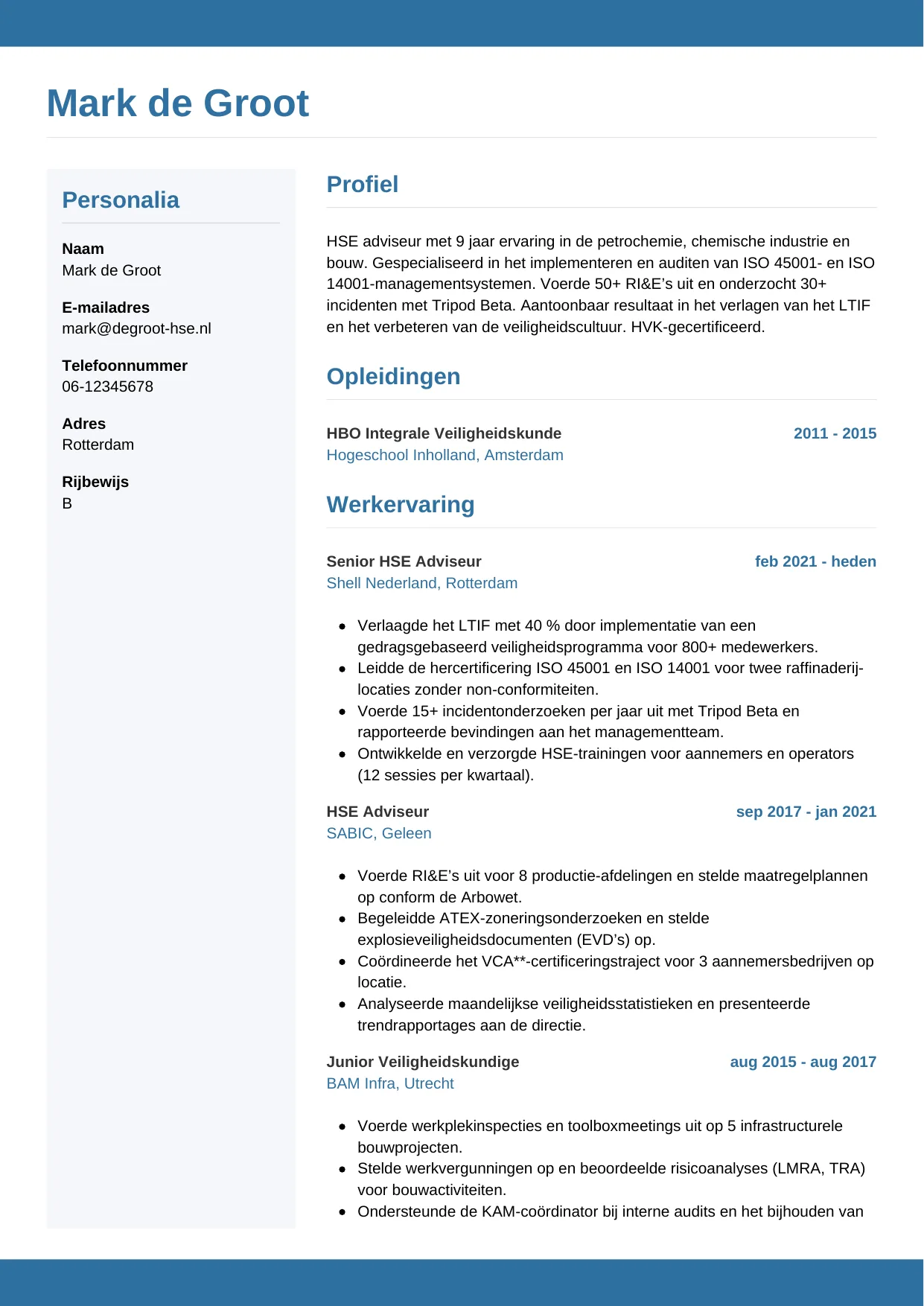 CV Horizontaal voor hse adviseur