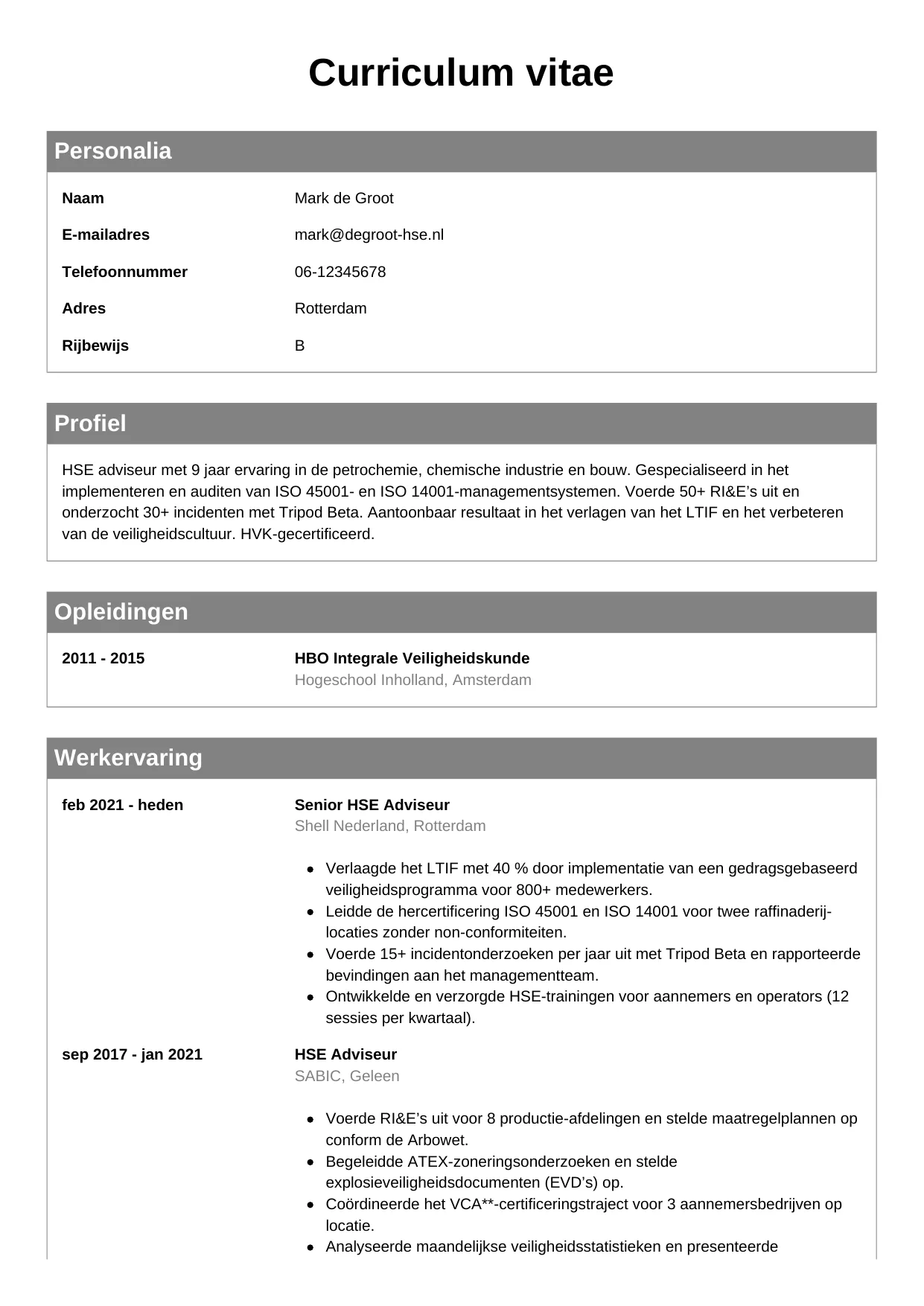 CV Klassiek voor hse adviseur