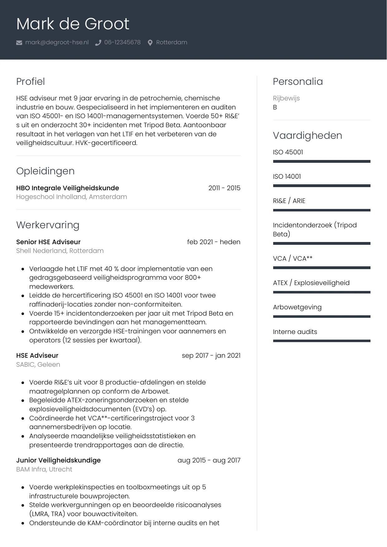 CV Professioneel voor hse adviseur