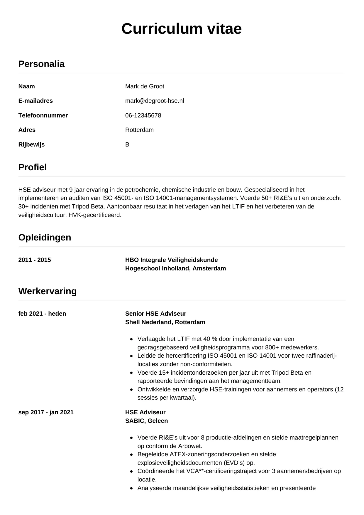 CV Simpel voor hse adviseur