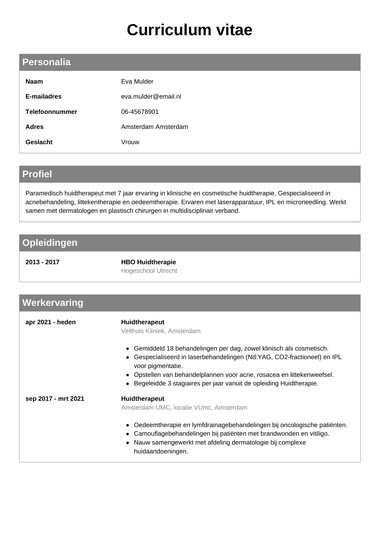 CV Klassiek voor huidtherapeut