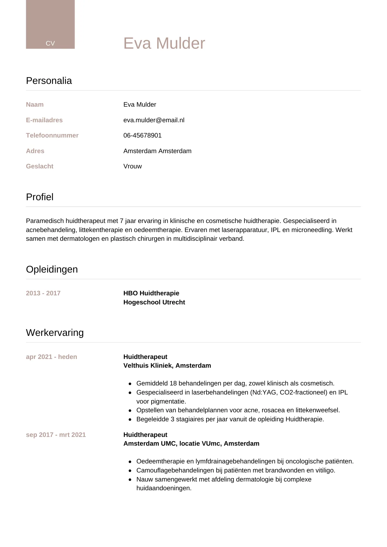 CV Luxe voor huidtherapeut