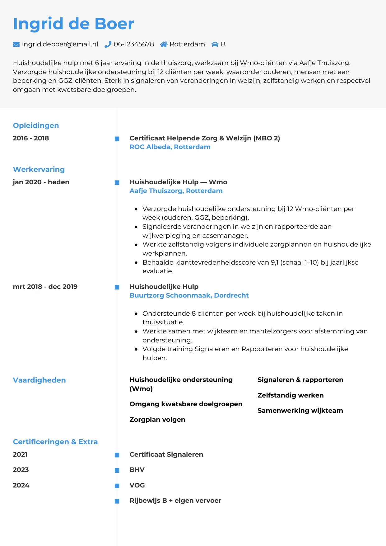 CV Chrono voor huishoudelijke hulp
