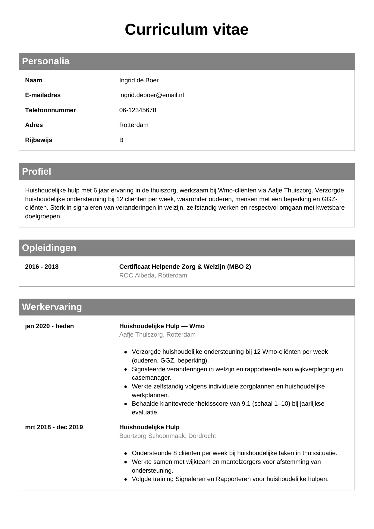 CV Klassiek voor huishoudelijke hulp