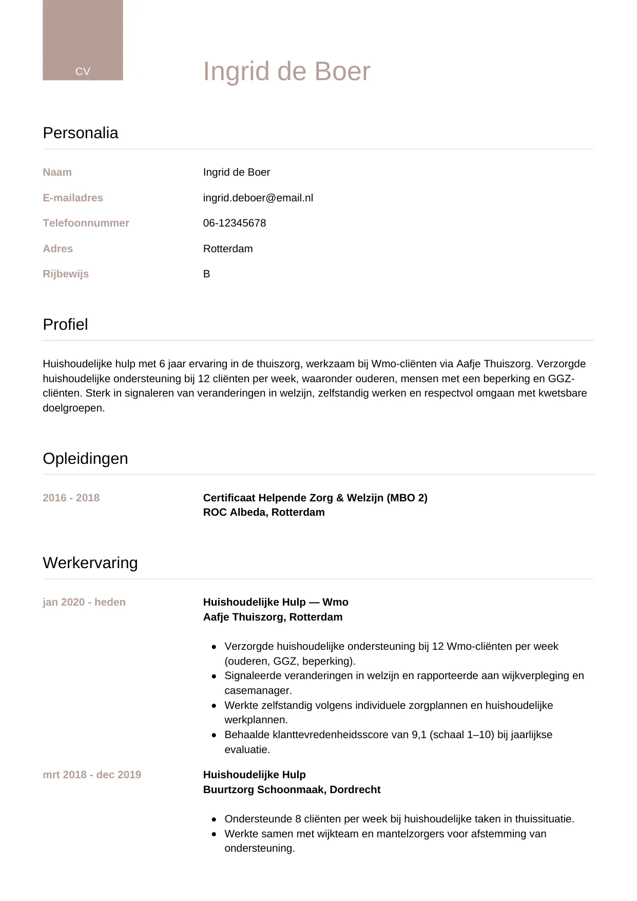 CV Luxe voor huishoudelijke hulp