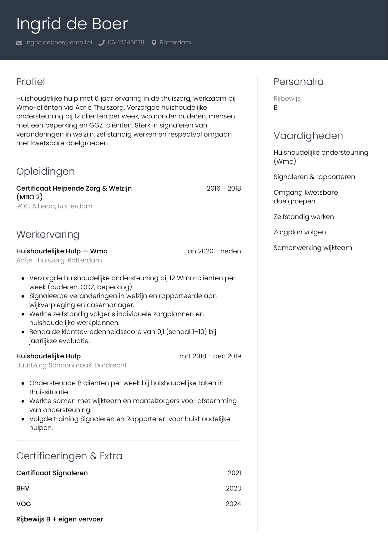 CV Professioneel voor huishoudelijke hulp