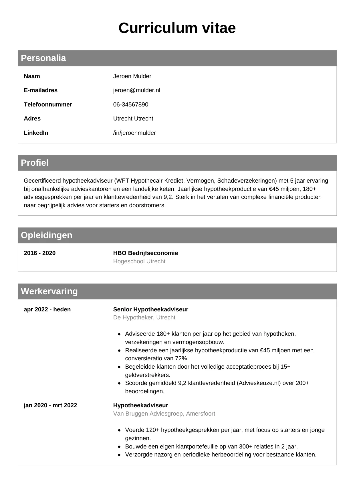 CV Klassiek voor hypotheekadviseur