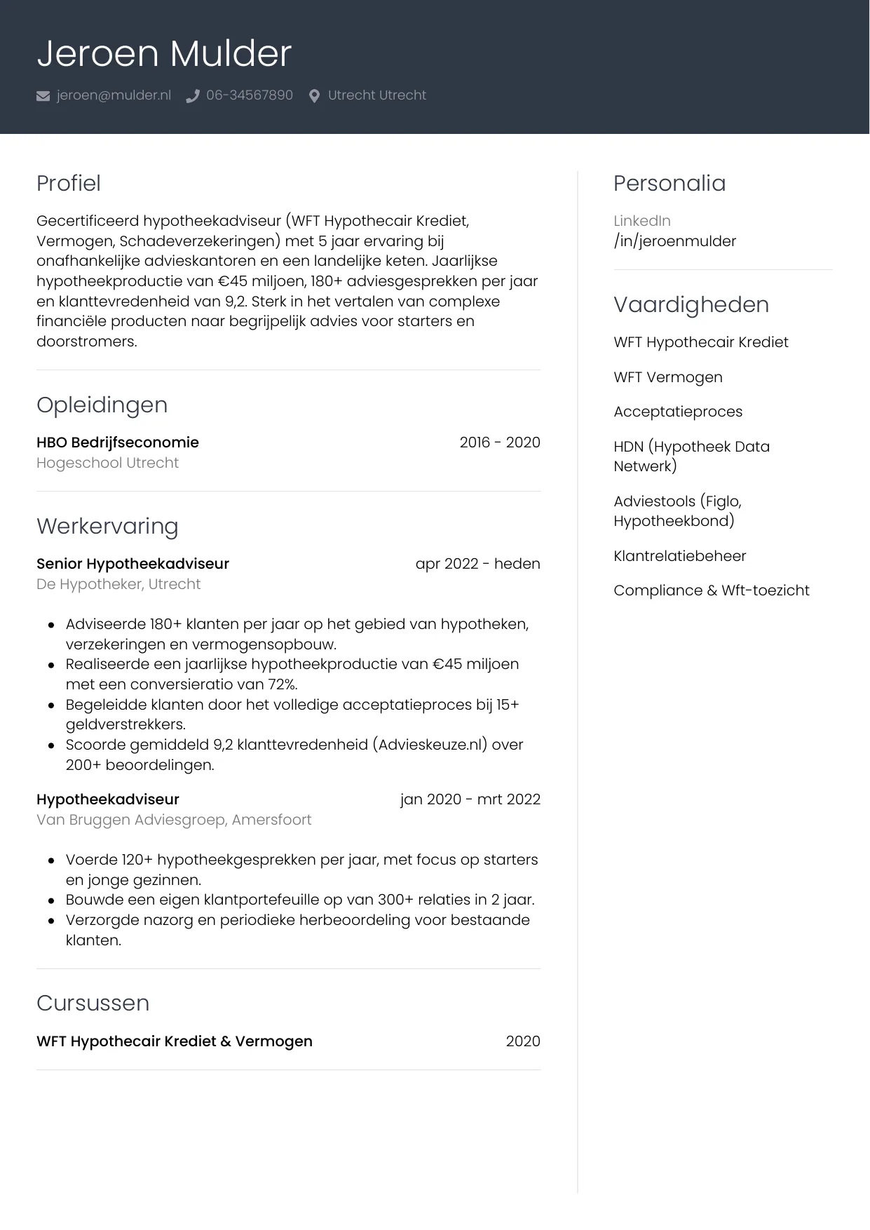 CV Professioneel voor hypotheekadviseur