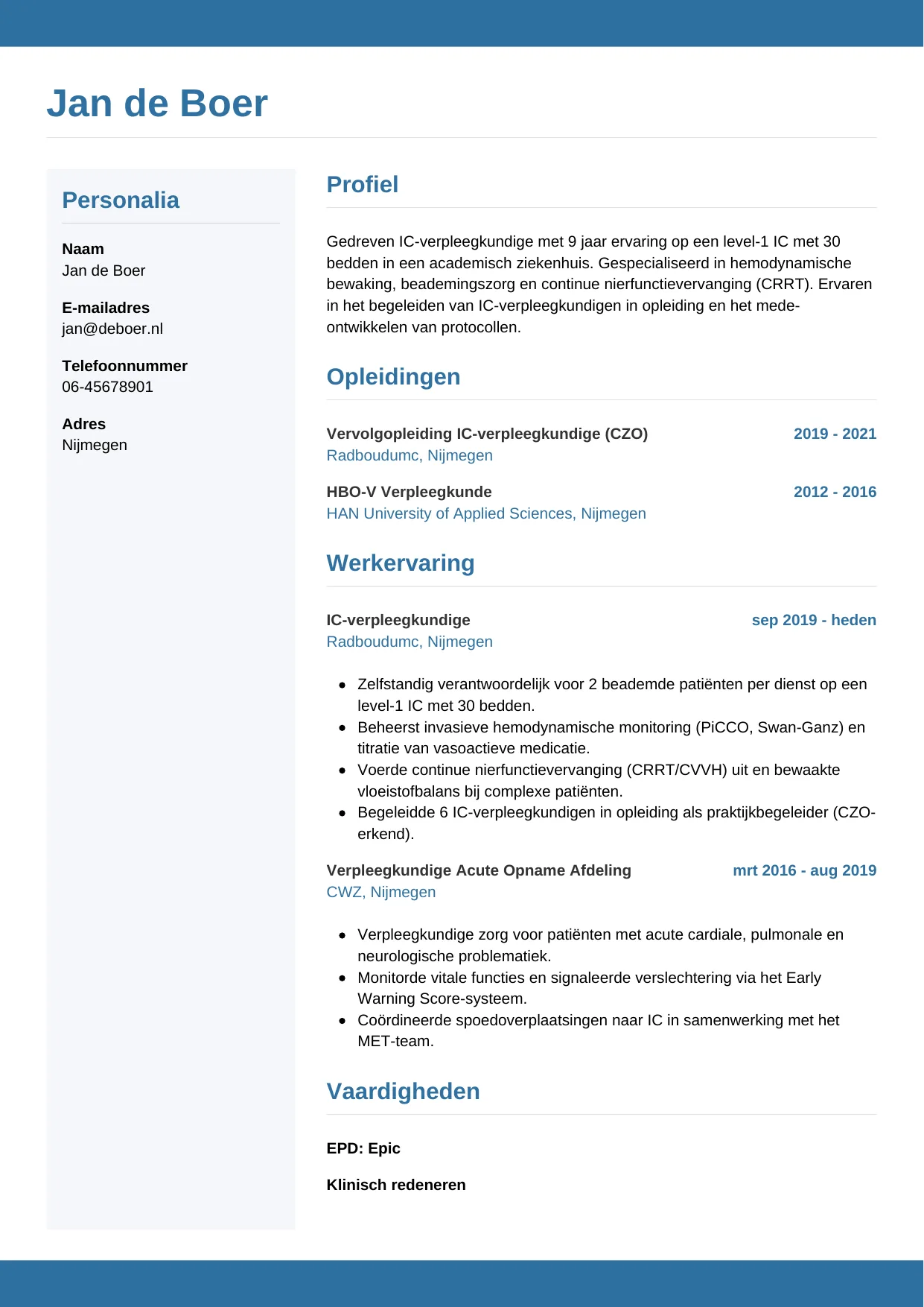 CV Horizontaal voor ic-verpleegkundige