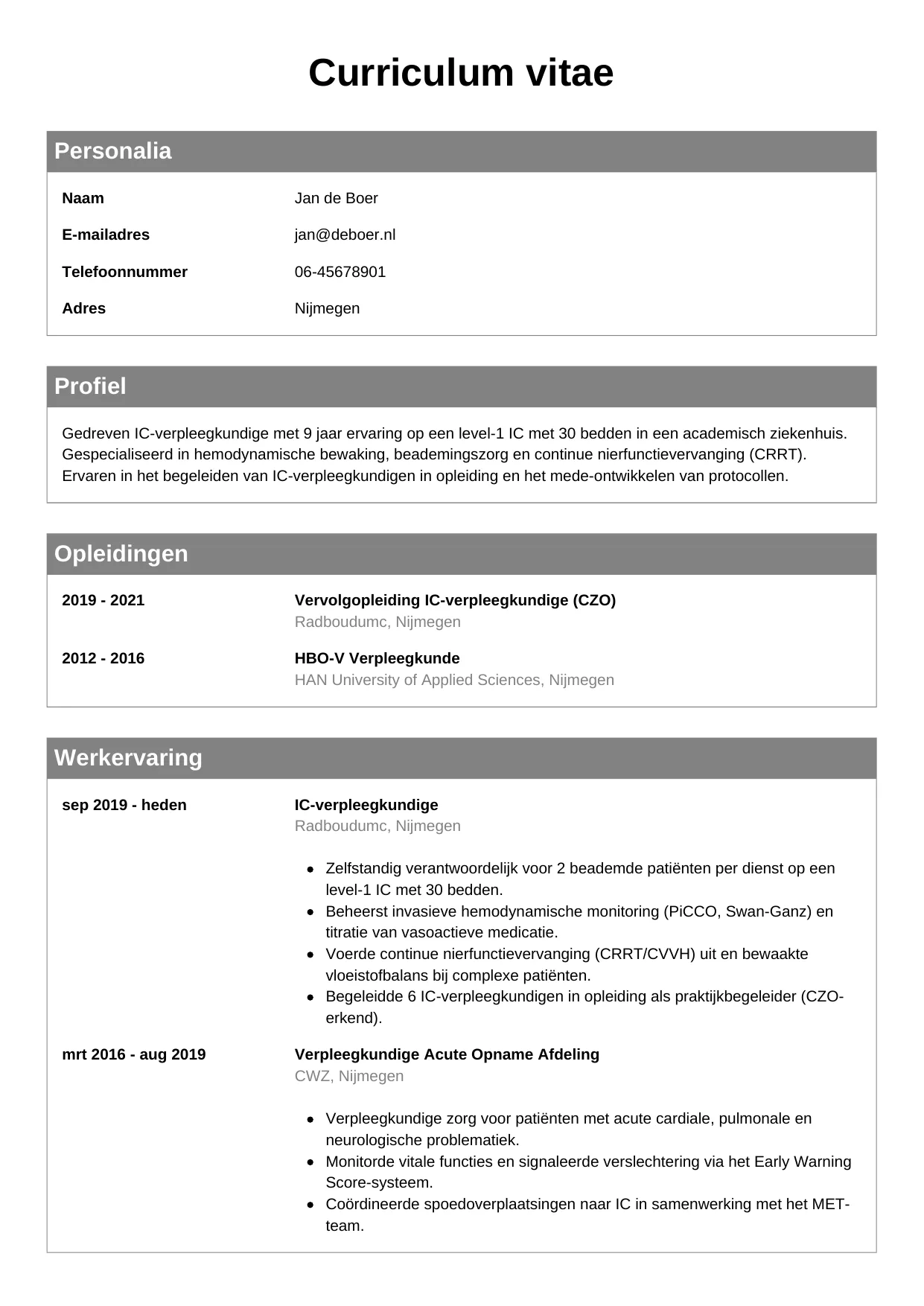 CV Klassiek voor ic-verpleegkundige