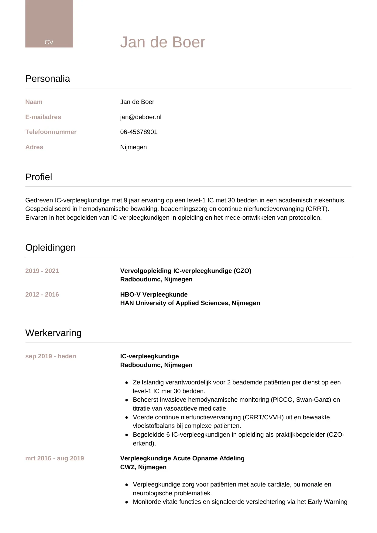 CV Luxe voor ic-verpleegkundige