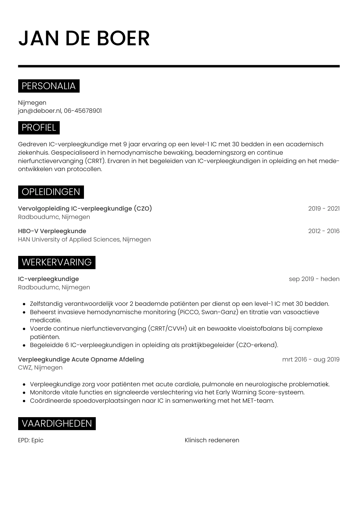 CV Metro voor ic-verpleegkundige
