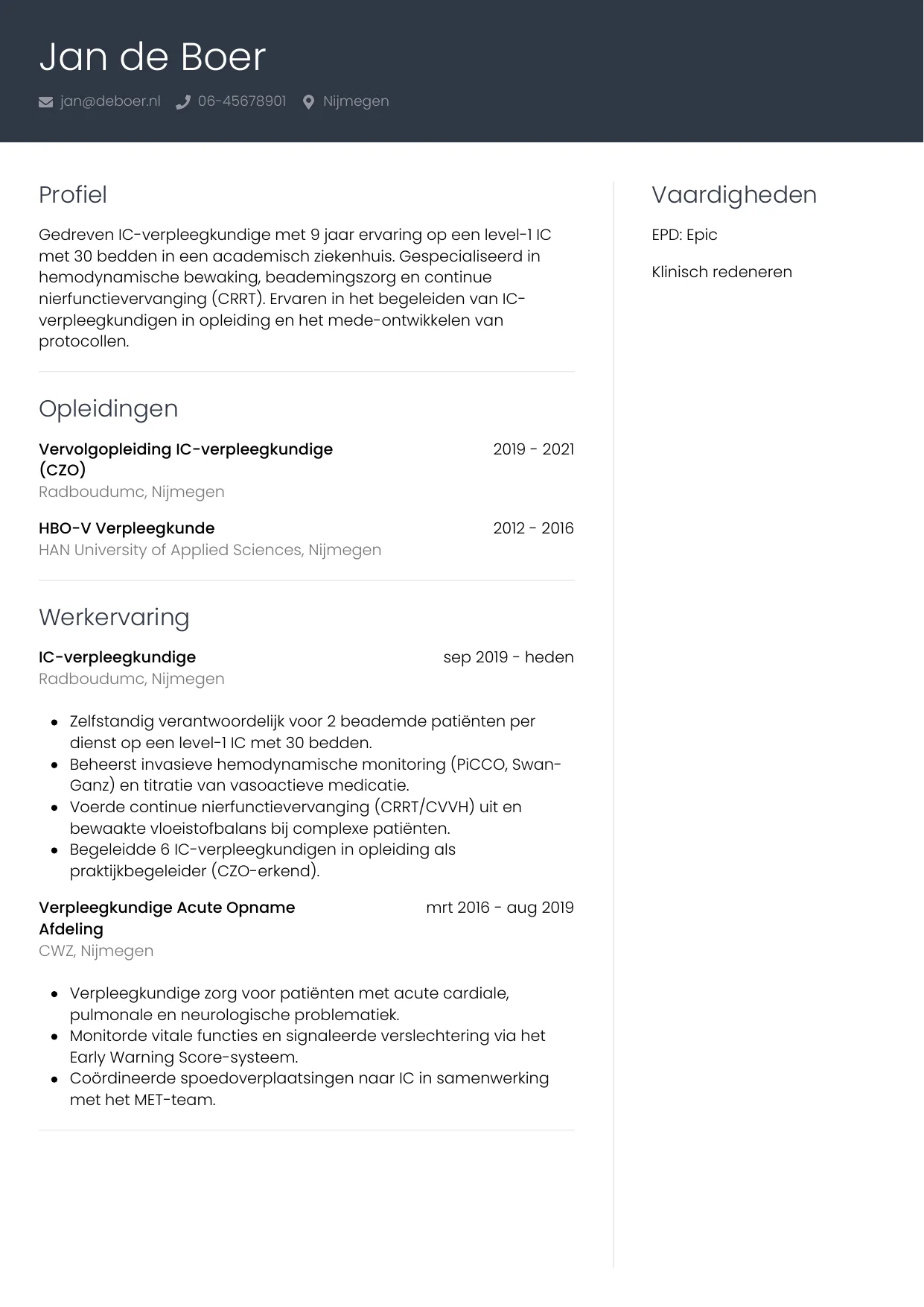 CV Professioneel voor ic-verpleegkundige