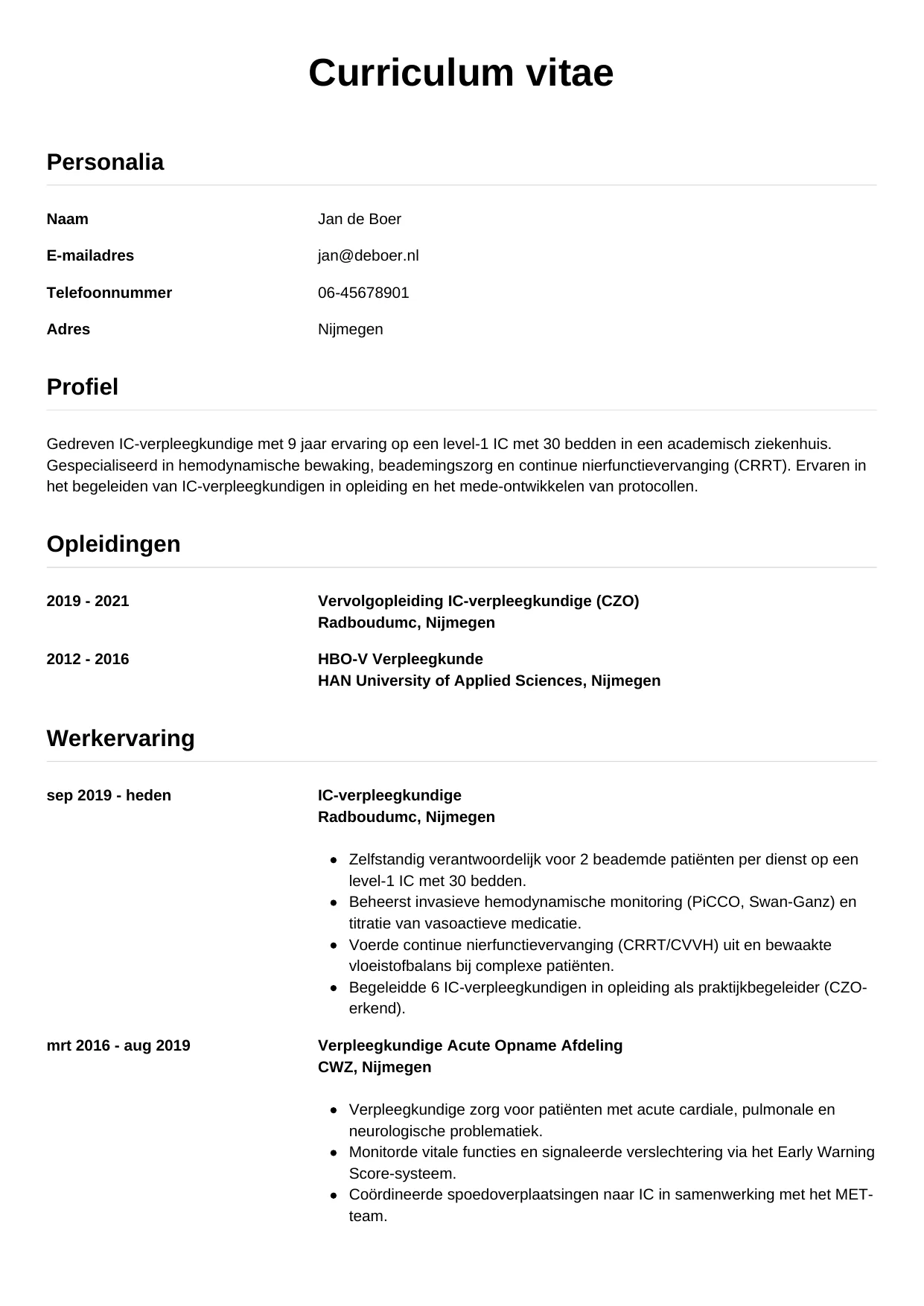 CV Simpel voor ic-verpleegkundige