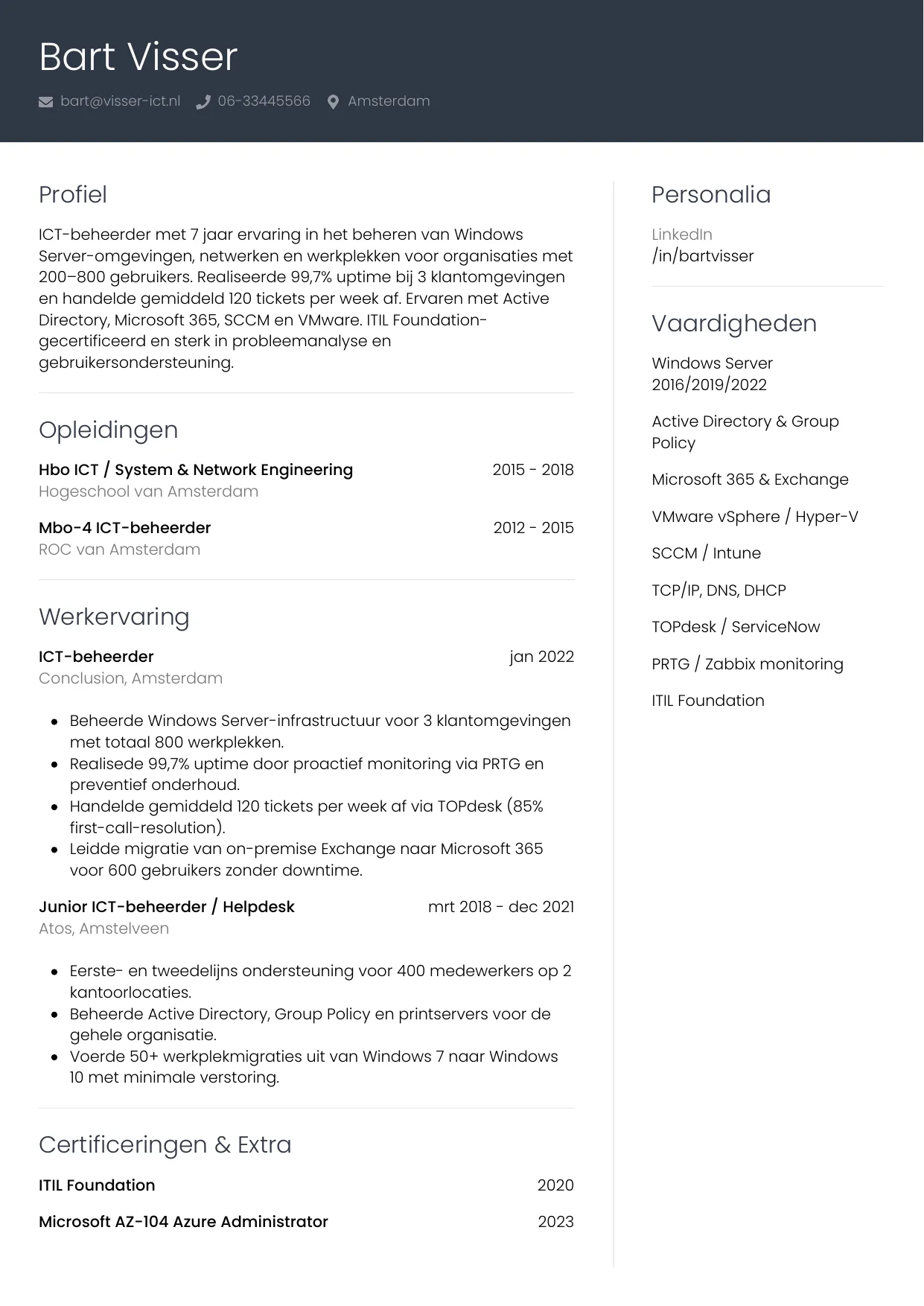 CV Professioneel voor ict-beheerder