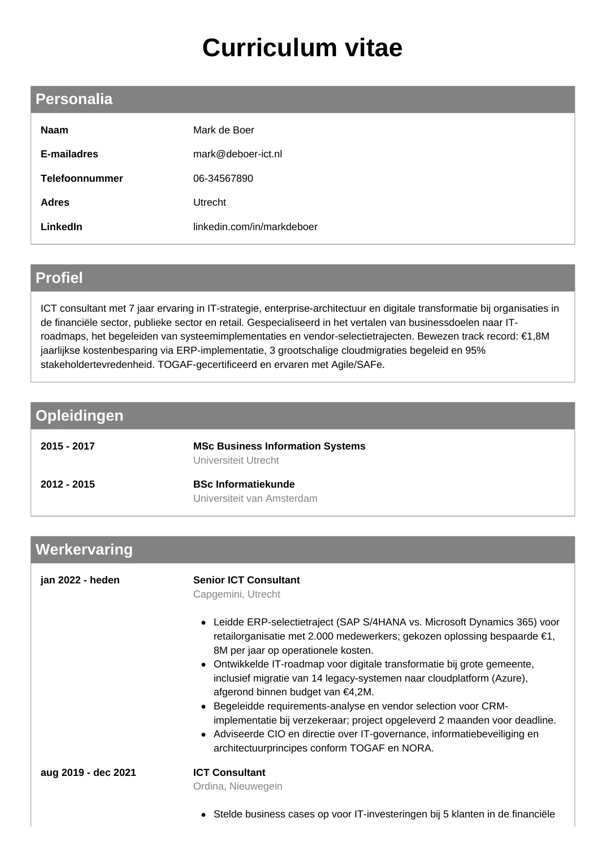 CV Klassiek voor ict consultant
