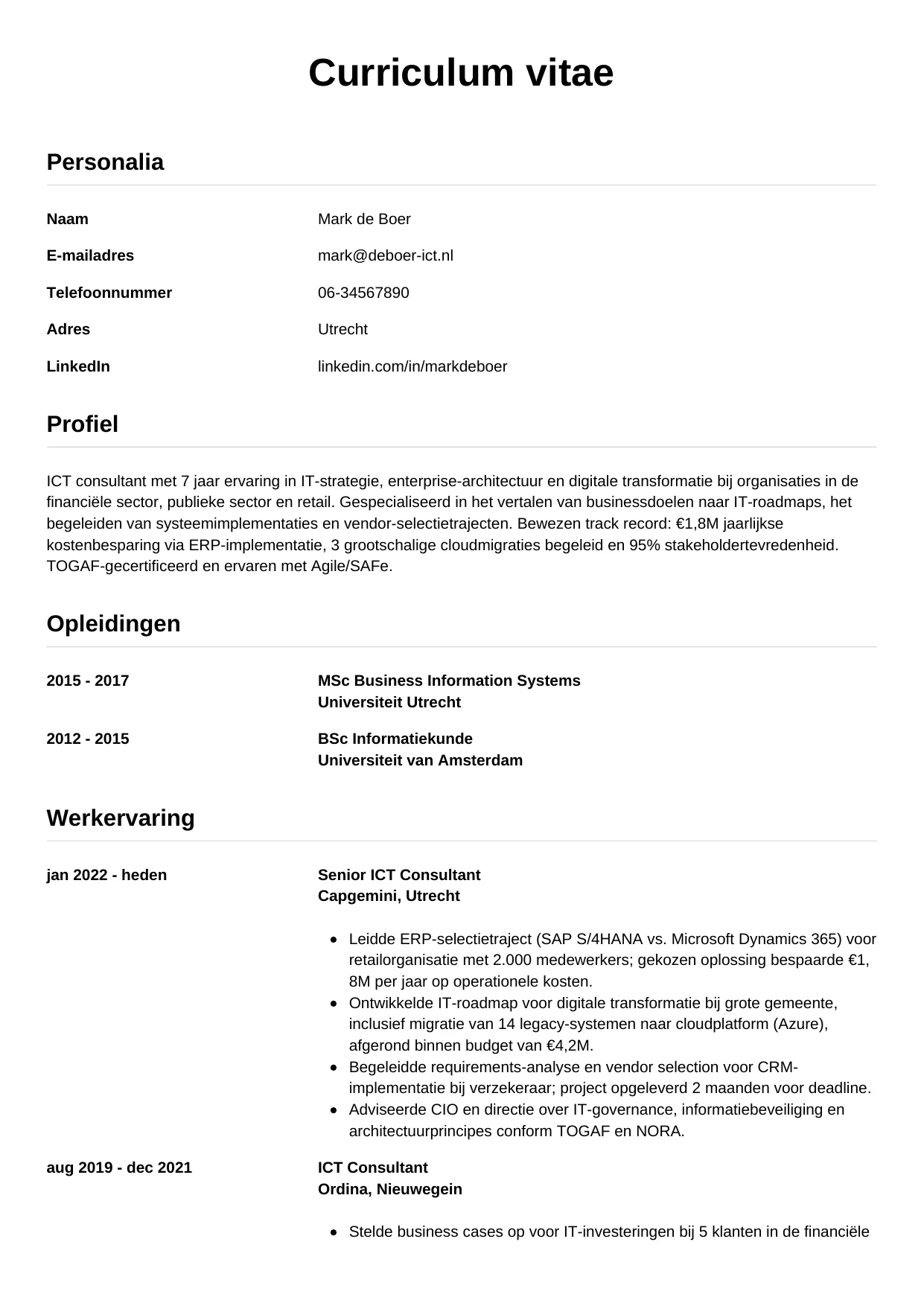 CV Simpel voor ict consultant