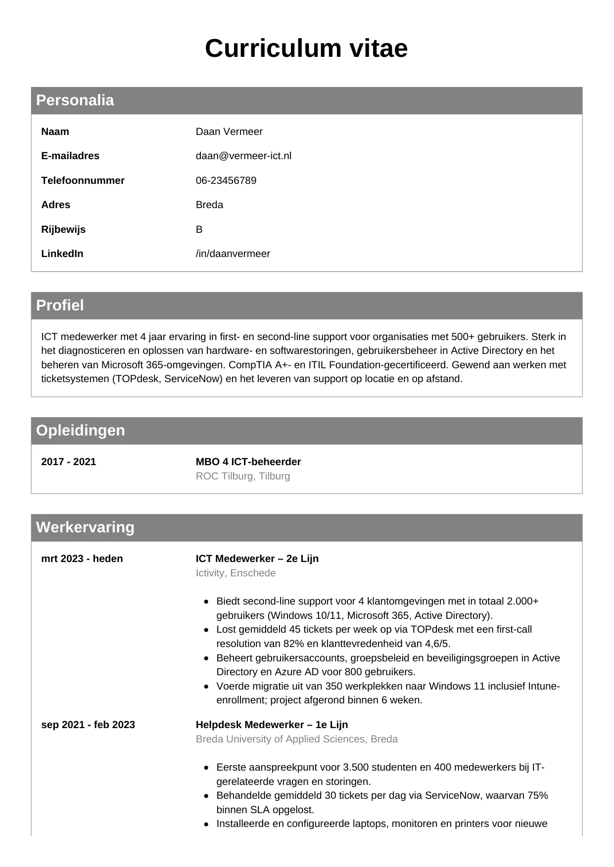 CV Klassiek voor ict medewerker