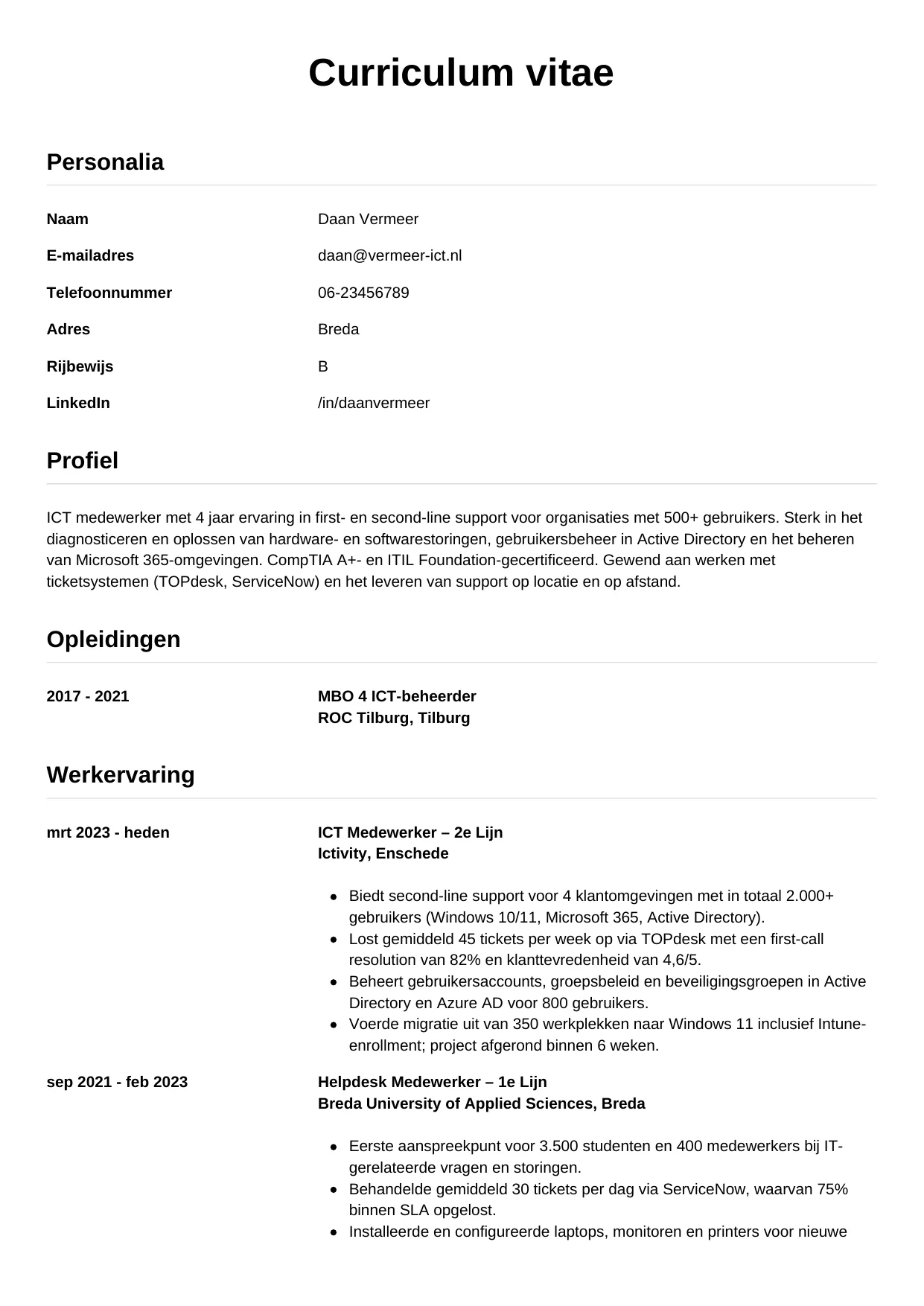 CV Simpel voor ict medewerker