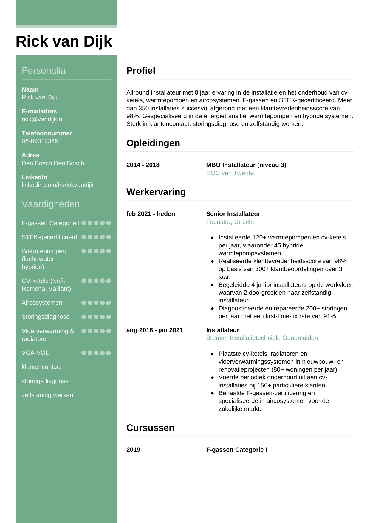 Voorbeeld CV voor installateur in template Casual. CV Casual voor installateur