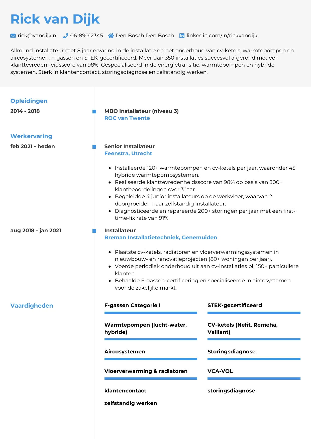 Voorbeeld CV voor installateur in template Chrono. CV Chrono voor installateur