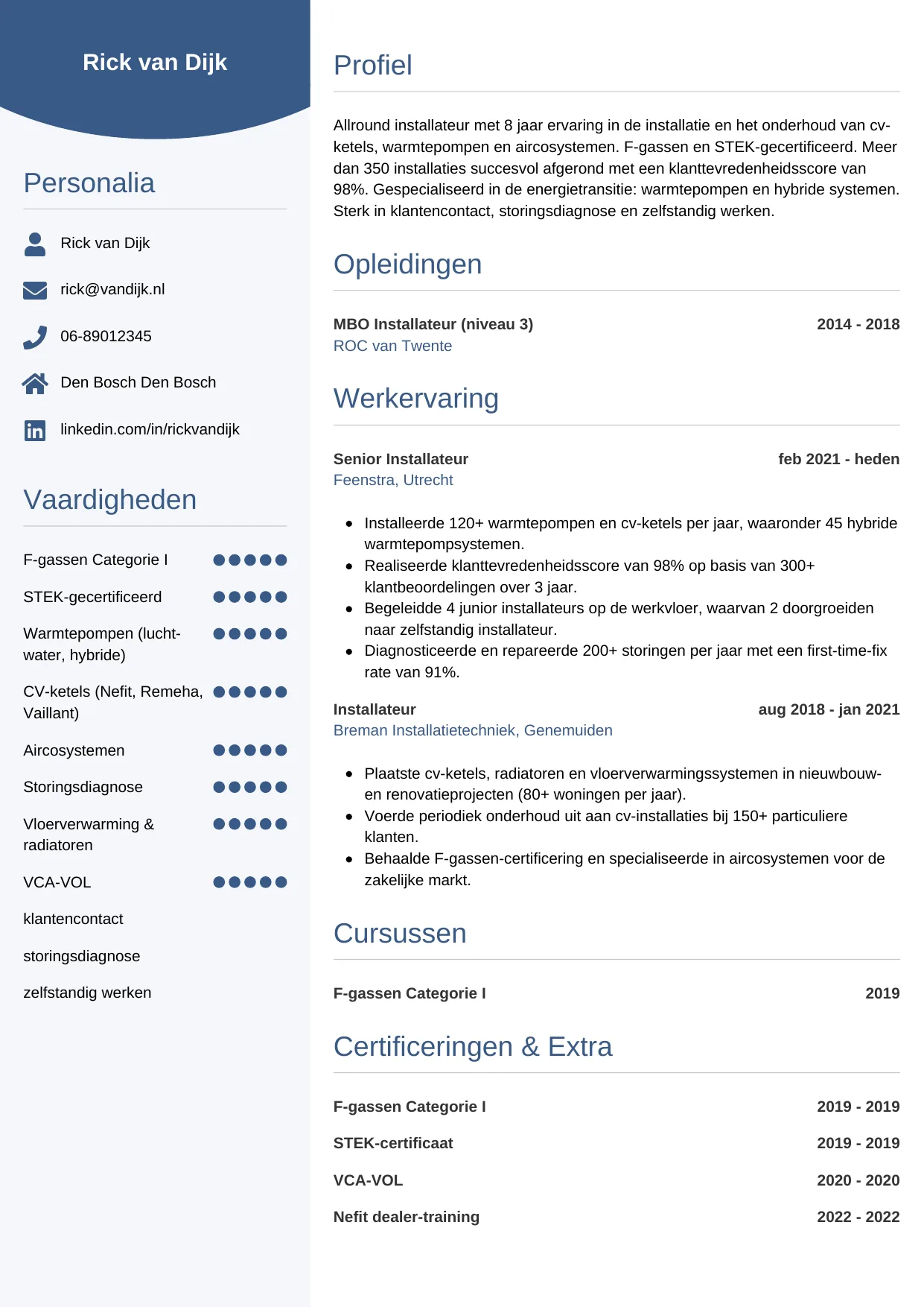 Voorbeeld CV voor installateur in template Circulair. CV Circulair voor installateur
