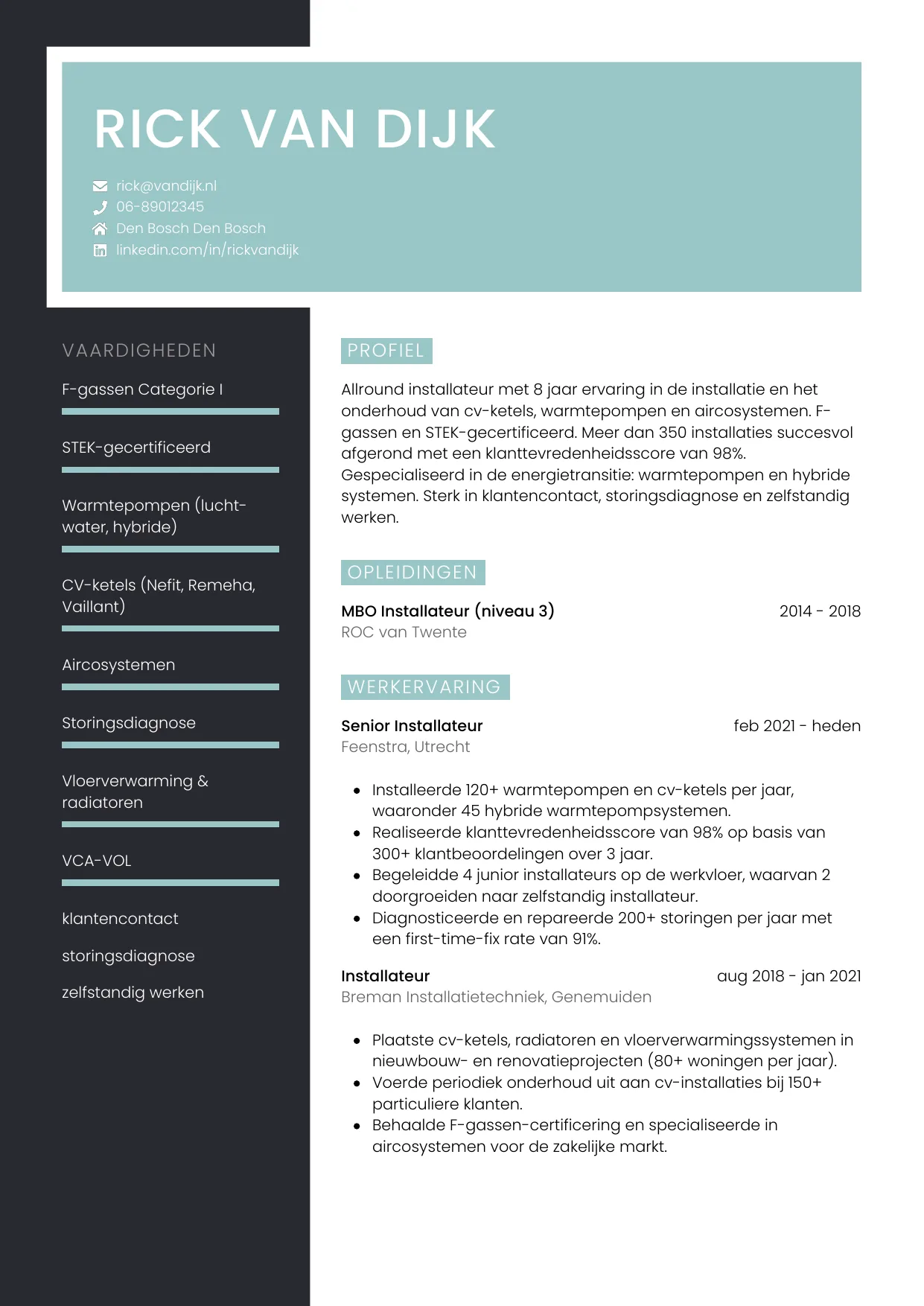 Voorbeeld CV voor installateur in template Elegant. CV Elegant voor installateur
