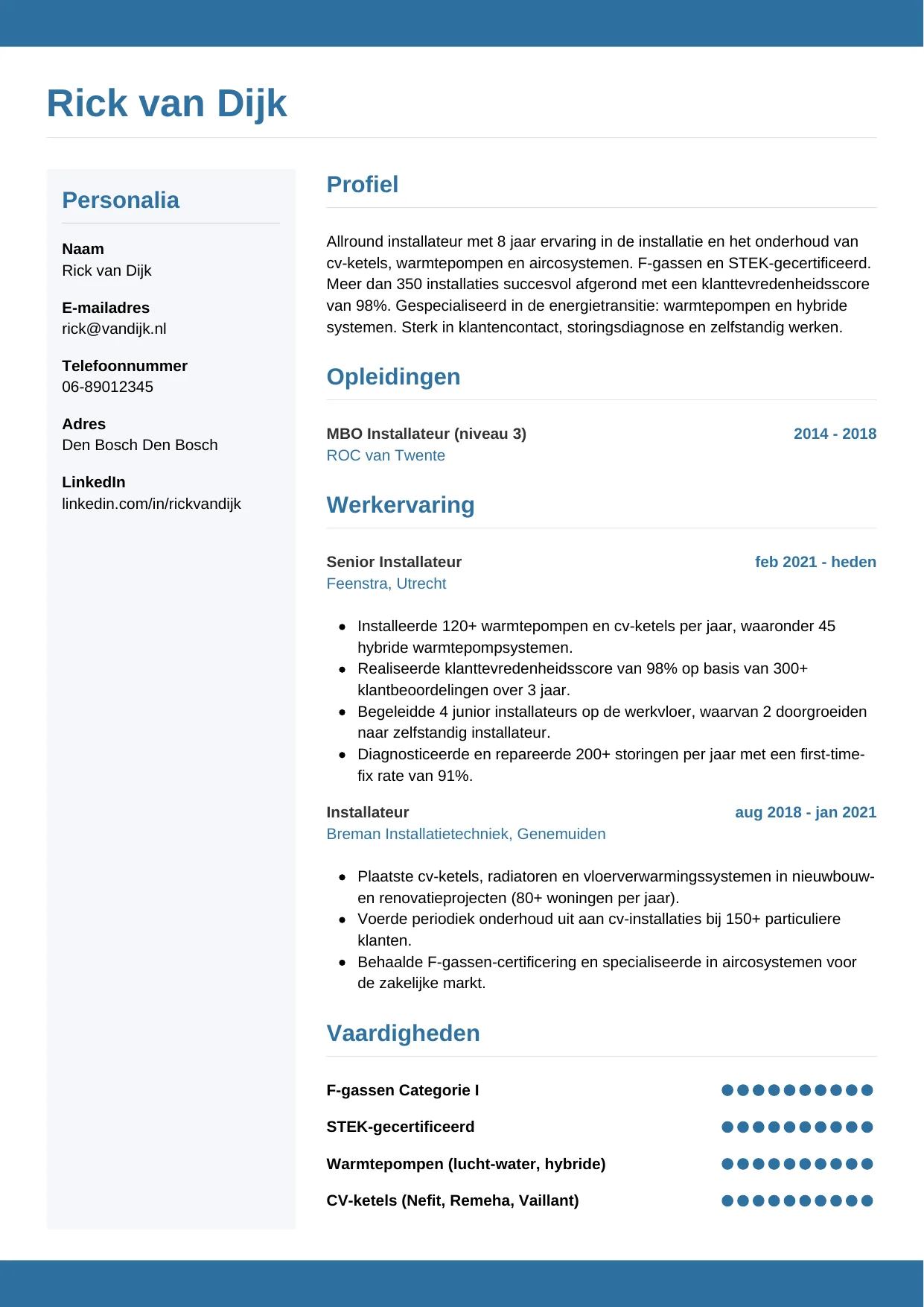 Voorbeeld CV voor installateur in template Horizontaal. CV Horizontaal voor installateur