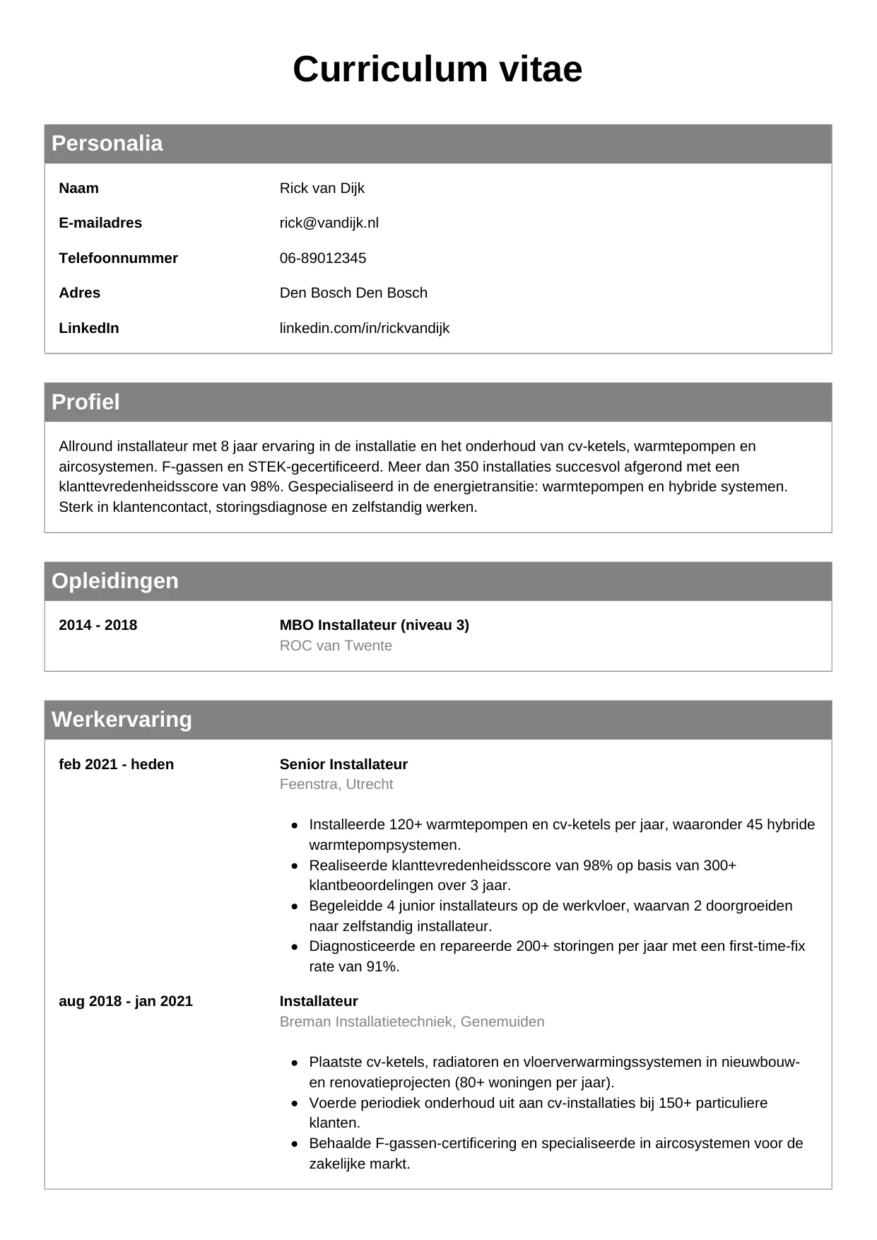 Voorbeeld CV voor installateur in template Klassiek. CV Klassiek voor installateur