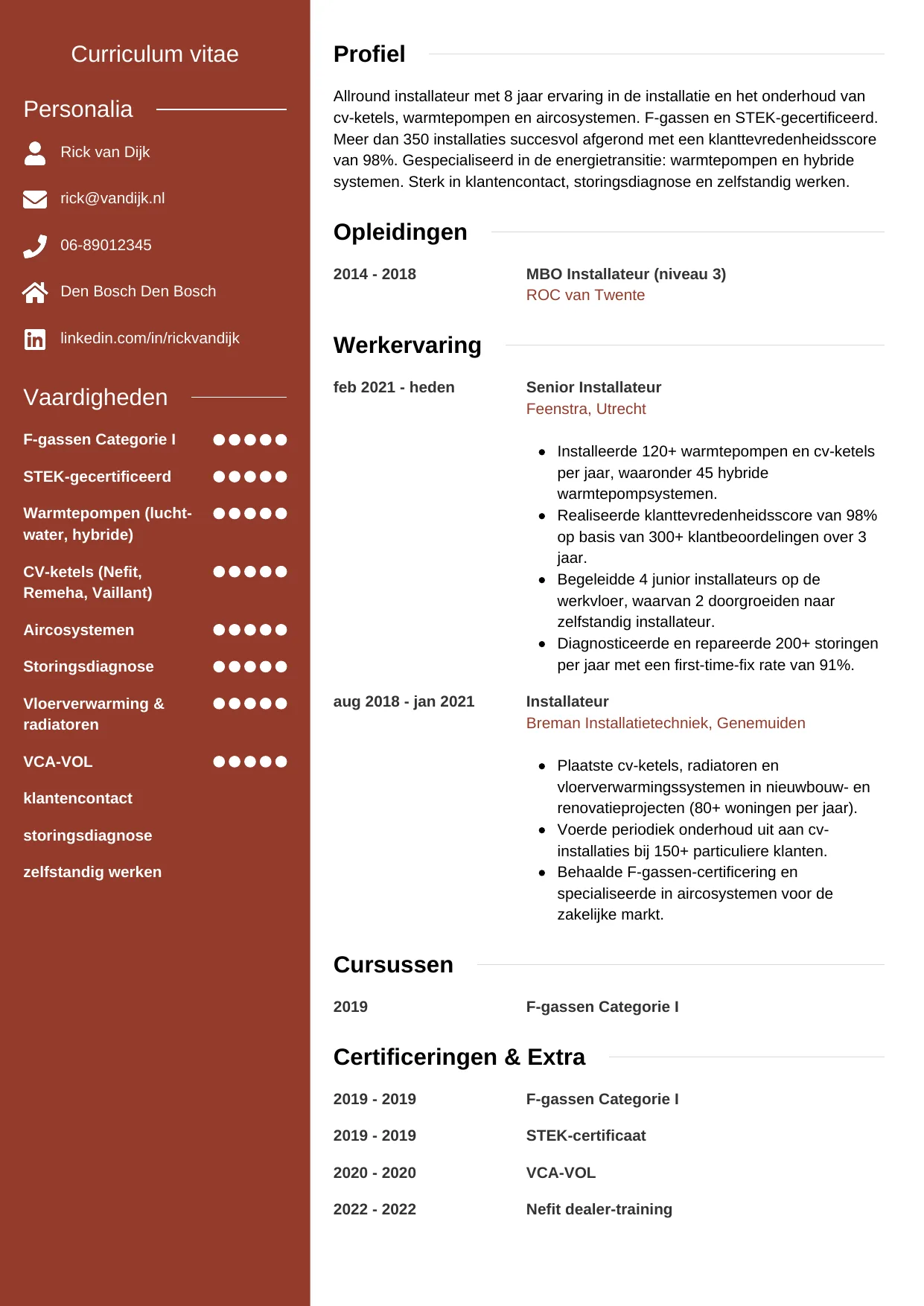 Voorbeeld CV voor installateur in template Modern. CV Modern voor installateur