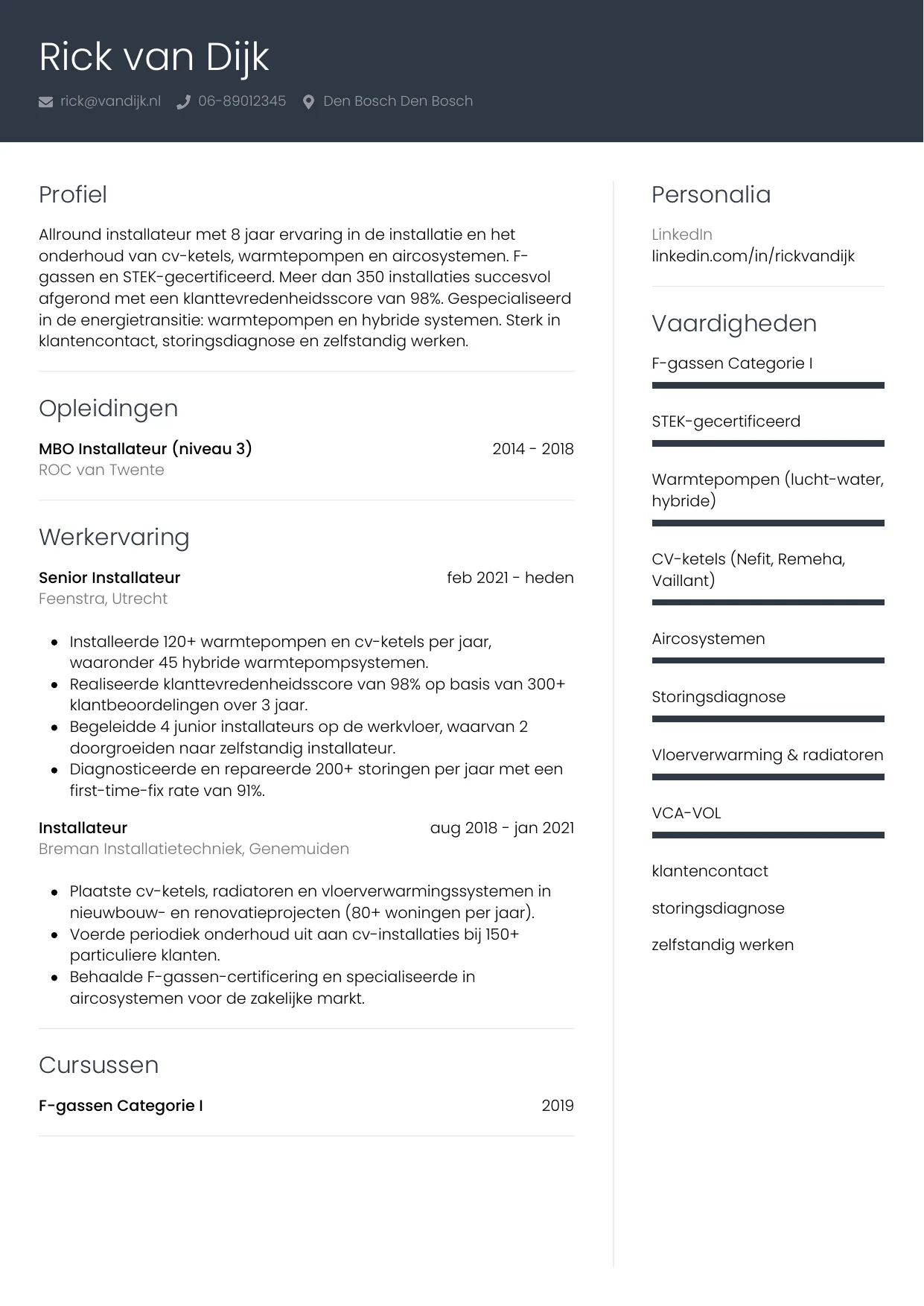 Voorbeeld CV voor installateur in template Professioneel. CV Professioneel voor installateur