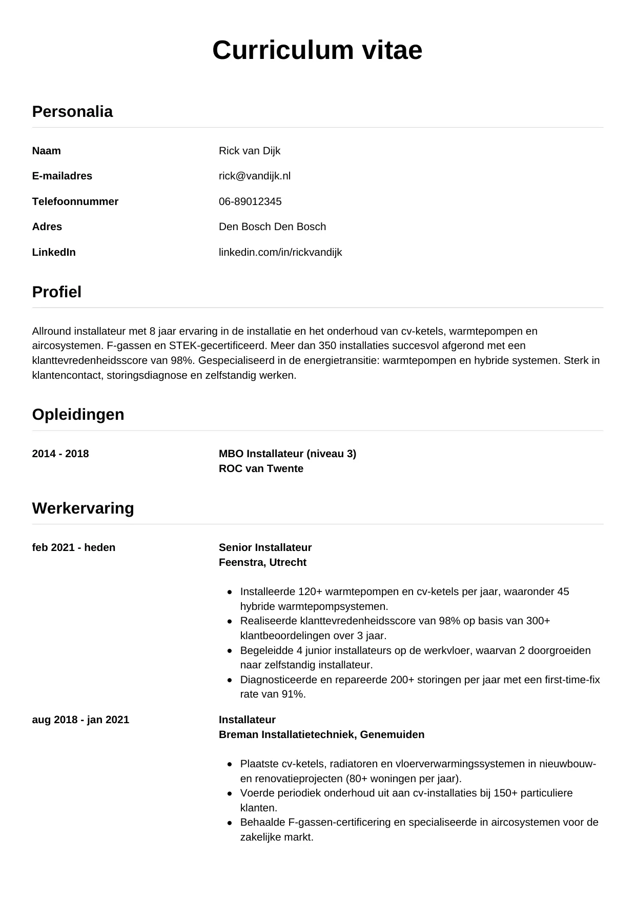 Voorbeeld CV voor installateur in template Simpel. CV Simpel voor installateur