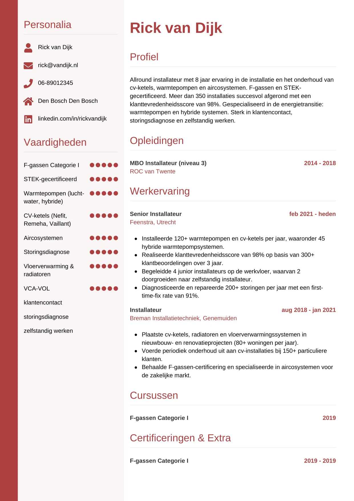 Voorbeeld CV voor installateur in template Verticaal. CV Verticaal voor installateur