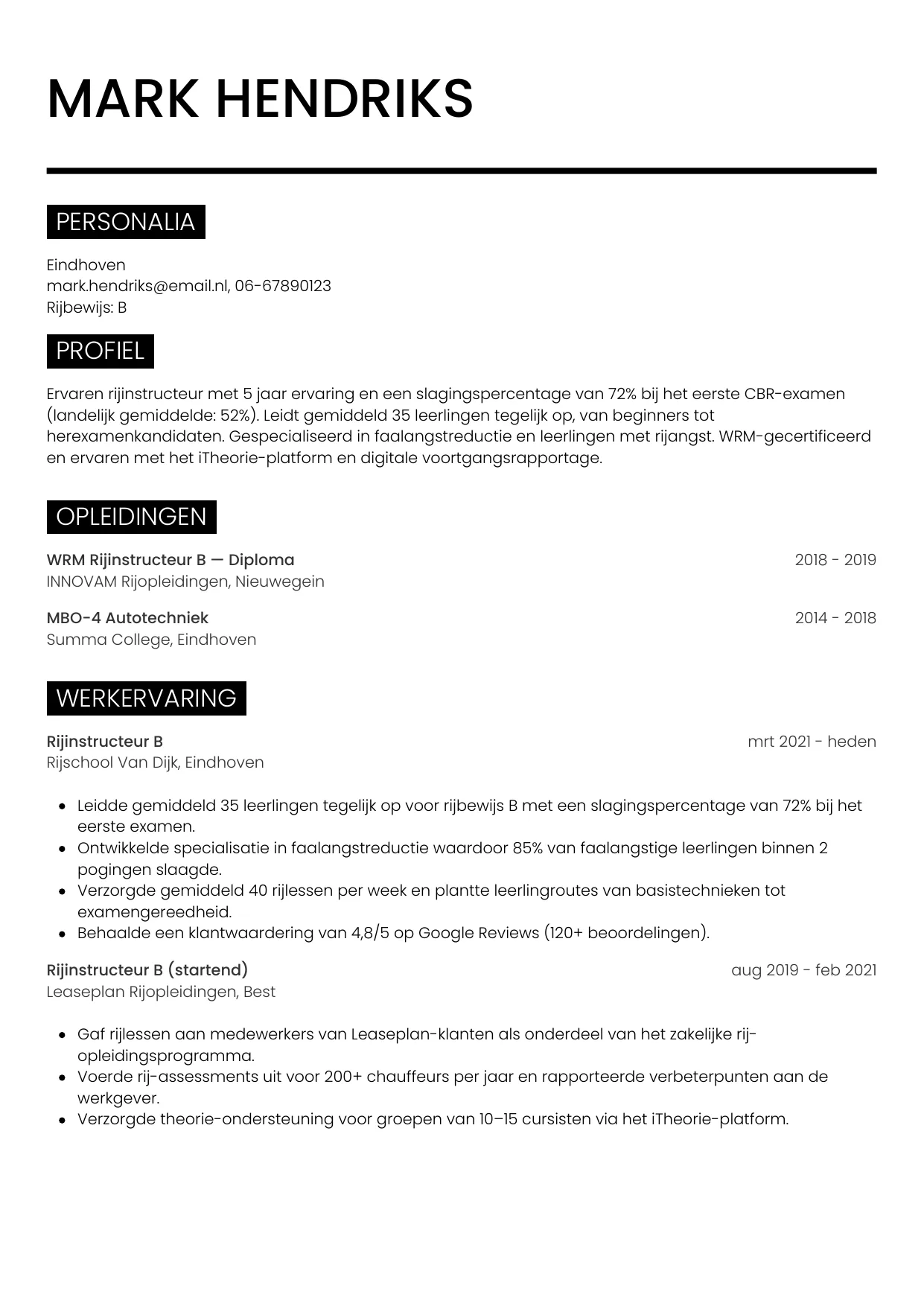CV Metro voor instructeur