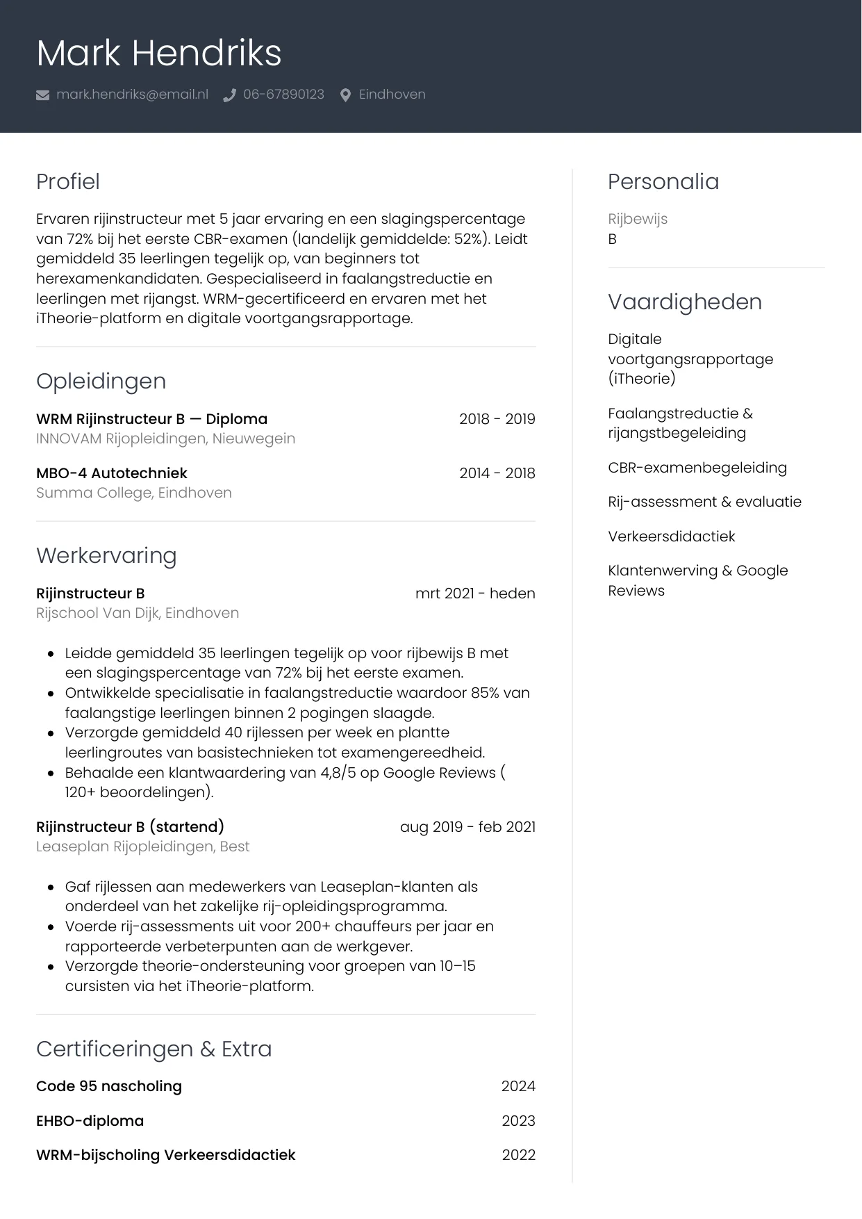 CV Professioneel voor instructeur