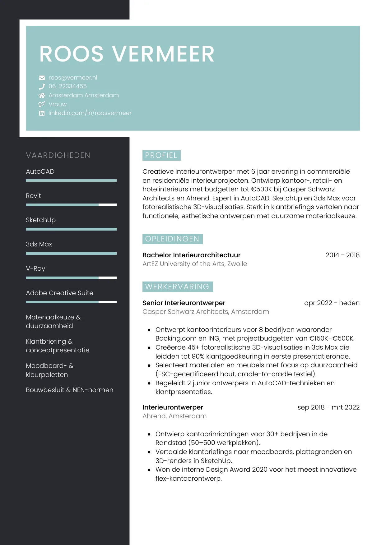 CV Elegant voor interieurontwerper