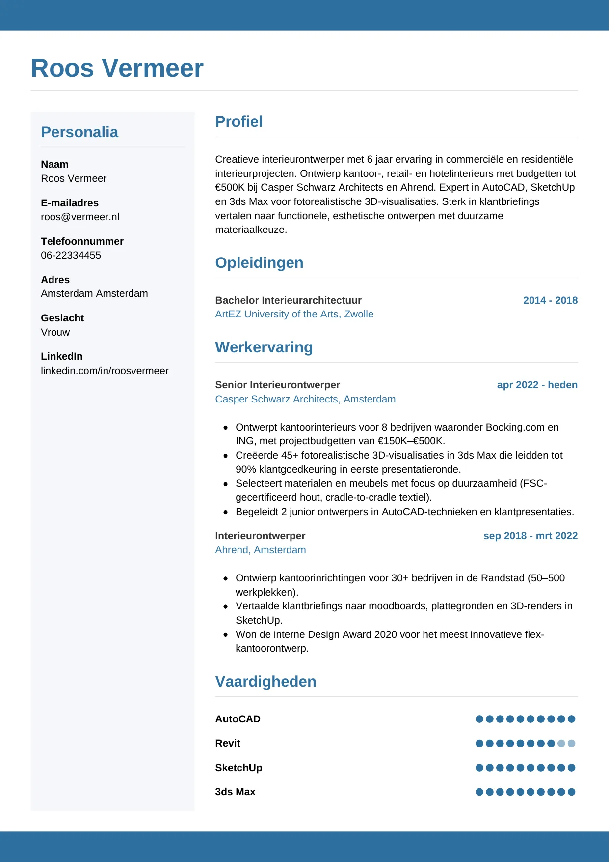 CV Horizontaal voor interieurontwerper