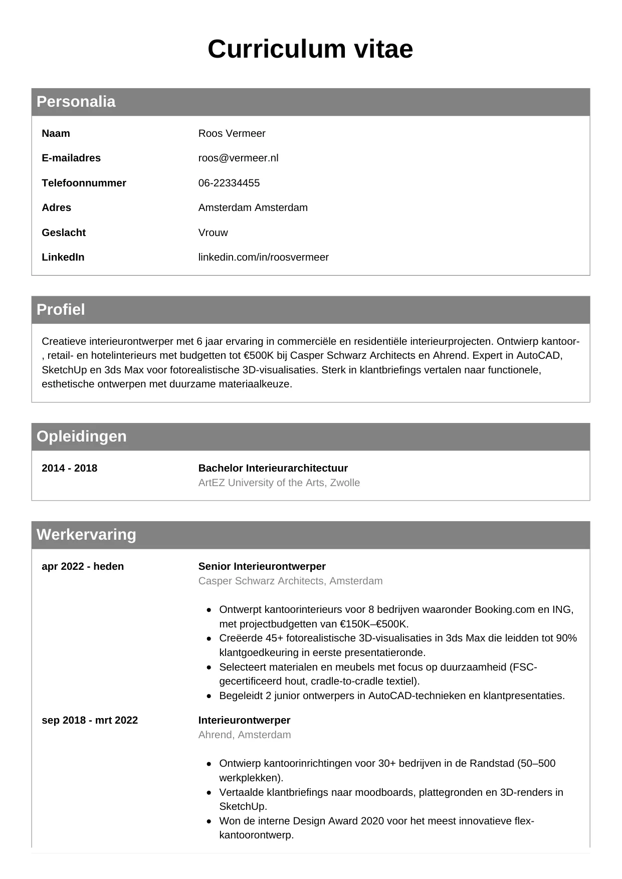 CV Klassiek voor interieurontwerper