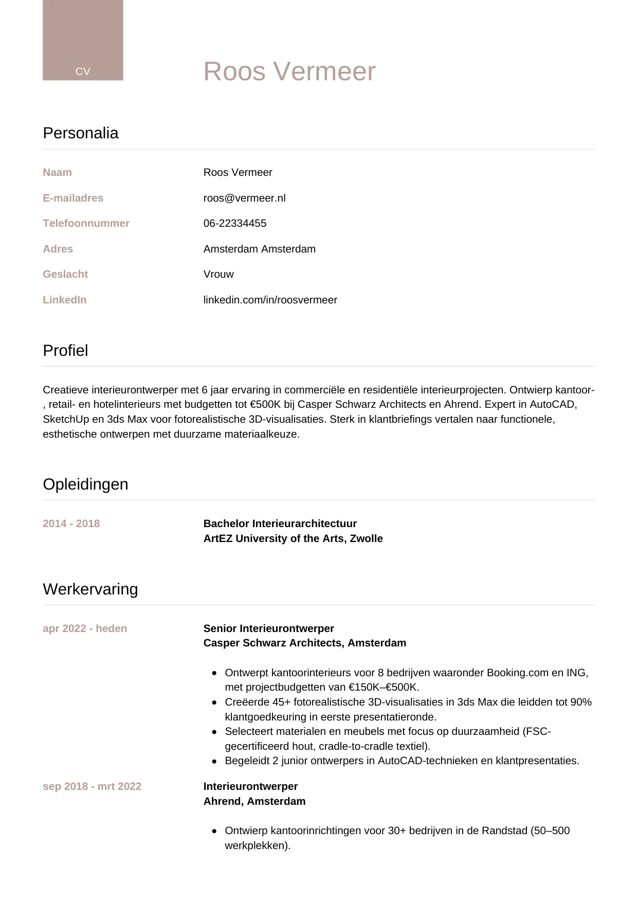 CV Luxe voor interieurontwerper