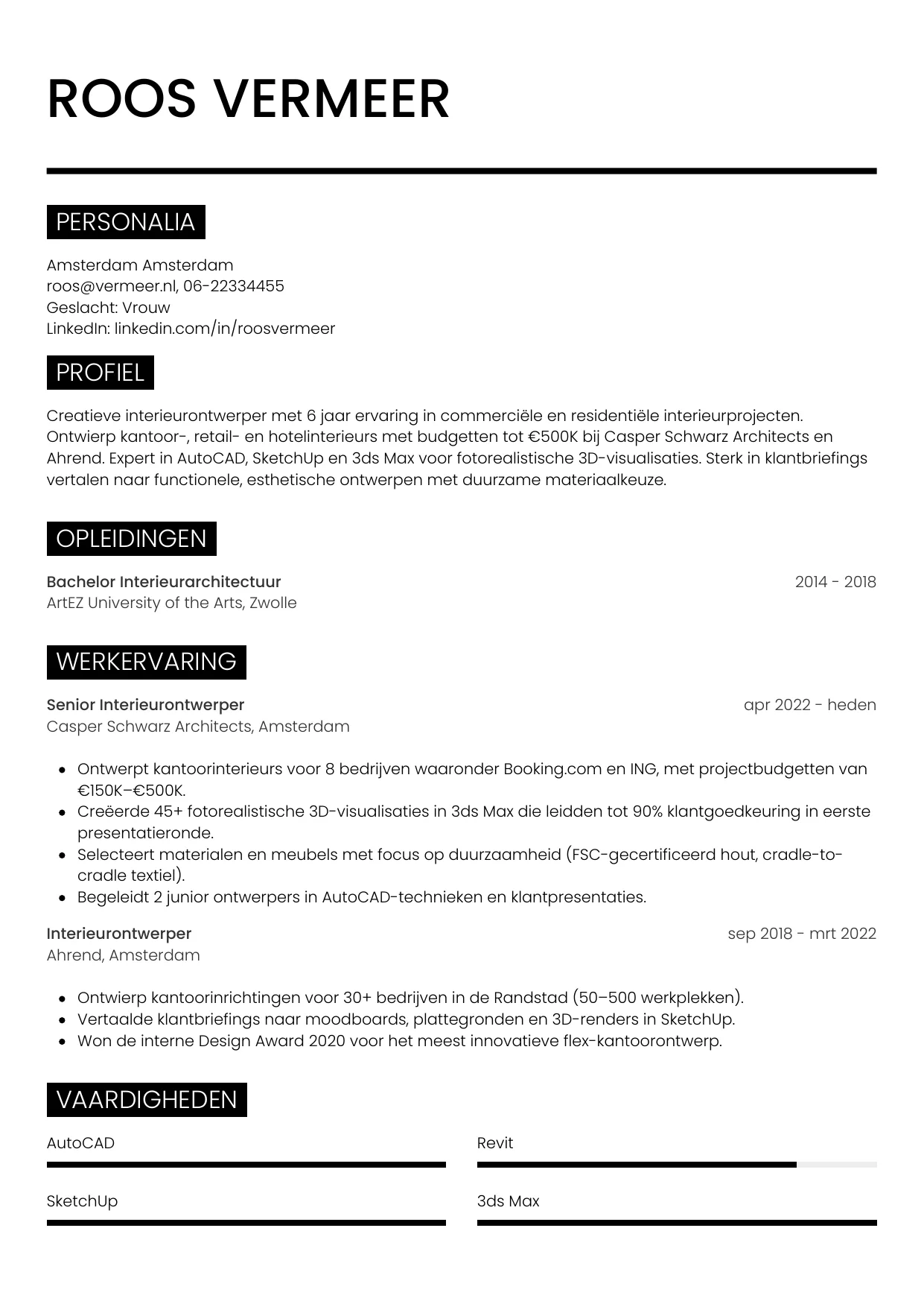 CV Metro voor interieurontwerper