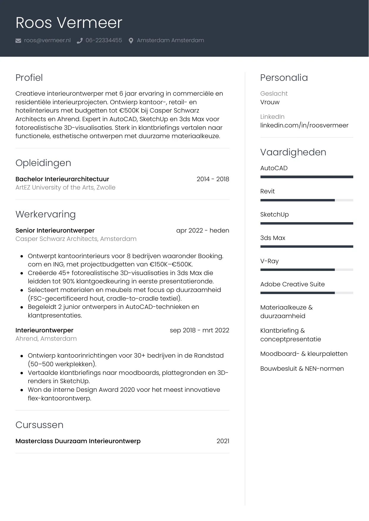 CV Professioneel voor interieurontwerper