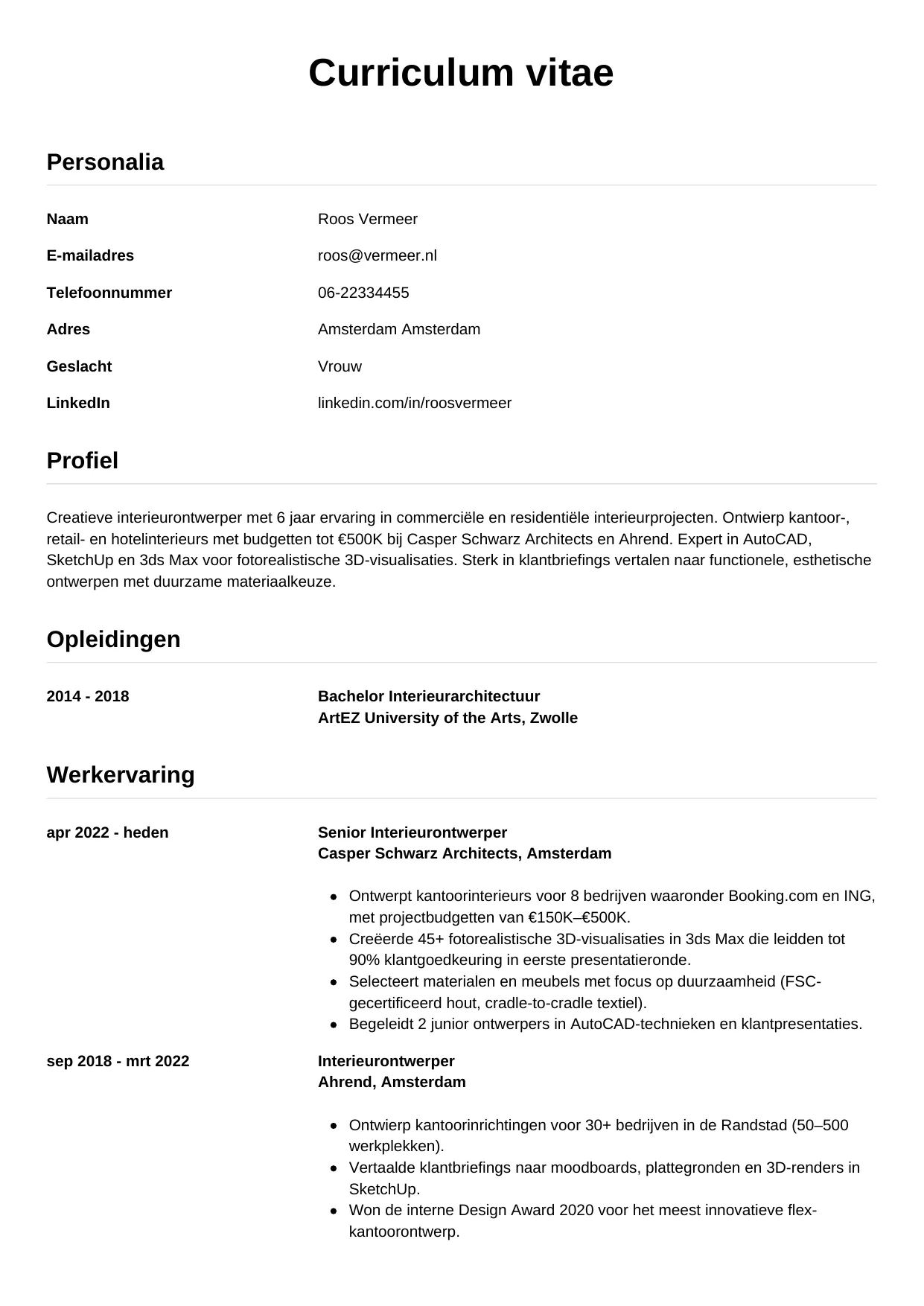 CV Simpel voor interieurontwerper