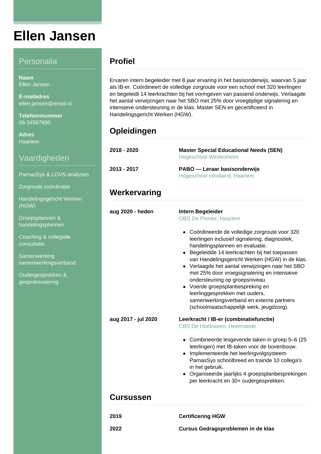 Voorbeeld CV voor intern begeleider in template Casual. CV Casual voor intern begeleider