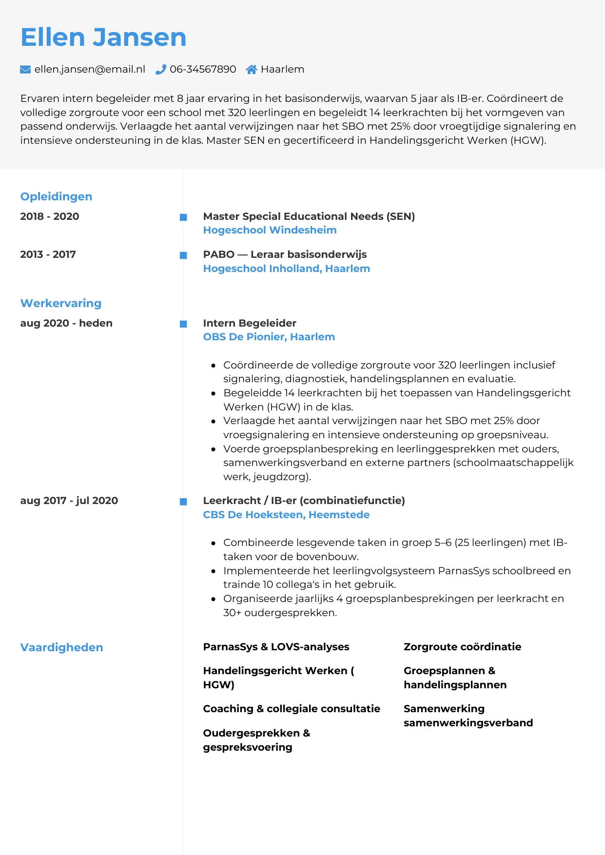 Voorbeeld CV voor intern begeleider in template Chrono. CV Chrono voor intern begeleider